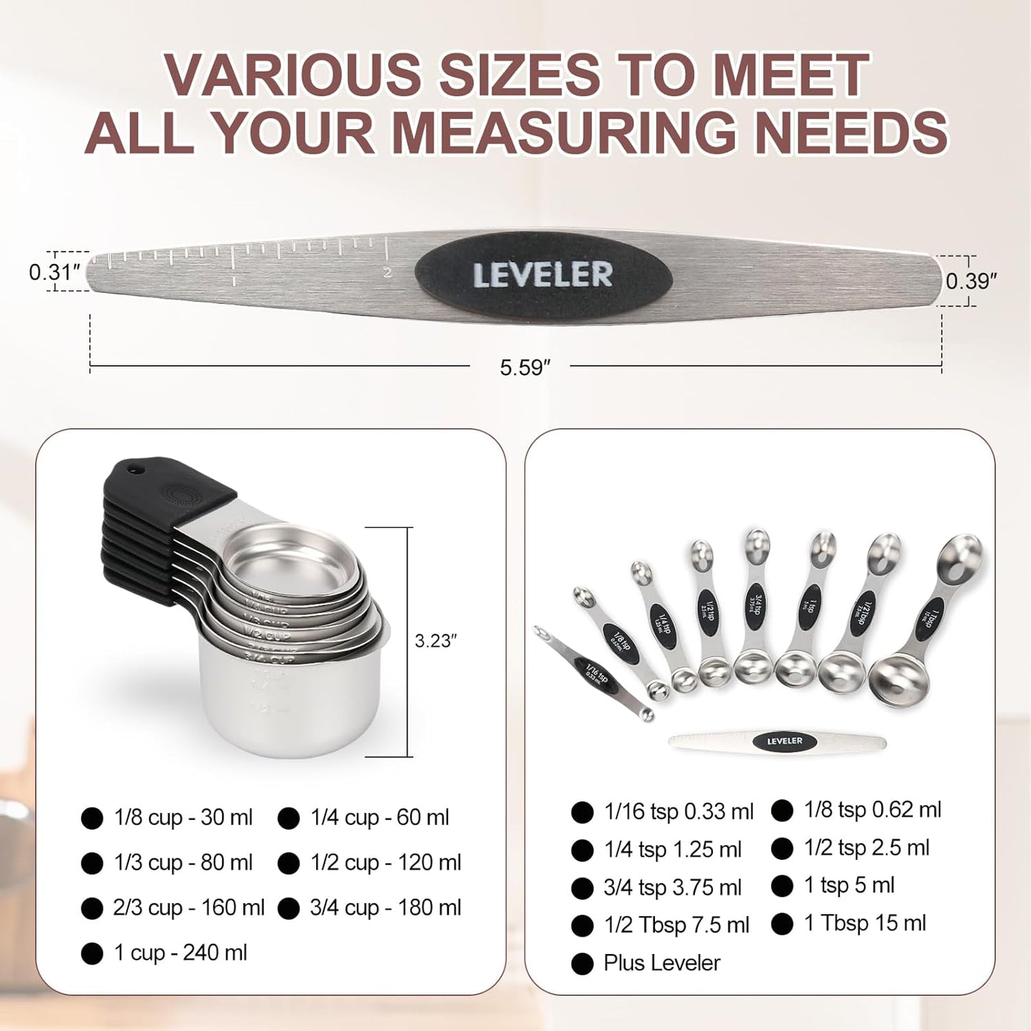 16-Piece Stainless Steel Measuring Cups and Spoons Set, Strong Magnetic Nesting Design 7 Cups 8 Spoons with Leveler, Double Measurement Markings for Dry & Liquid Ingredients, Black