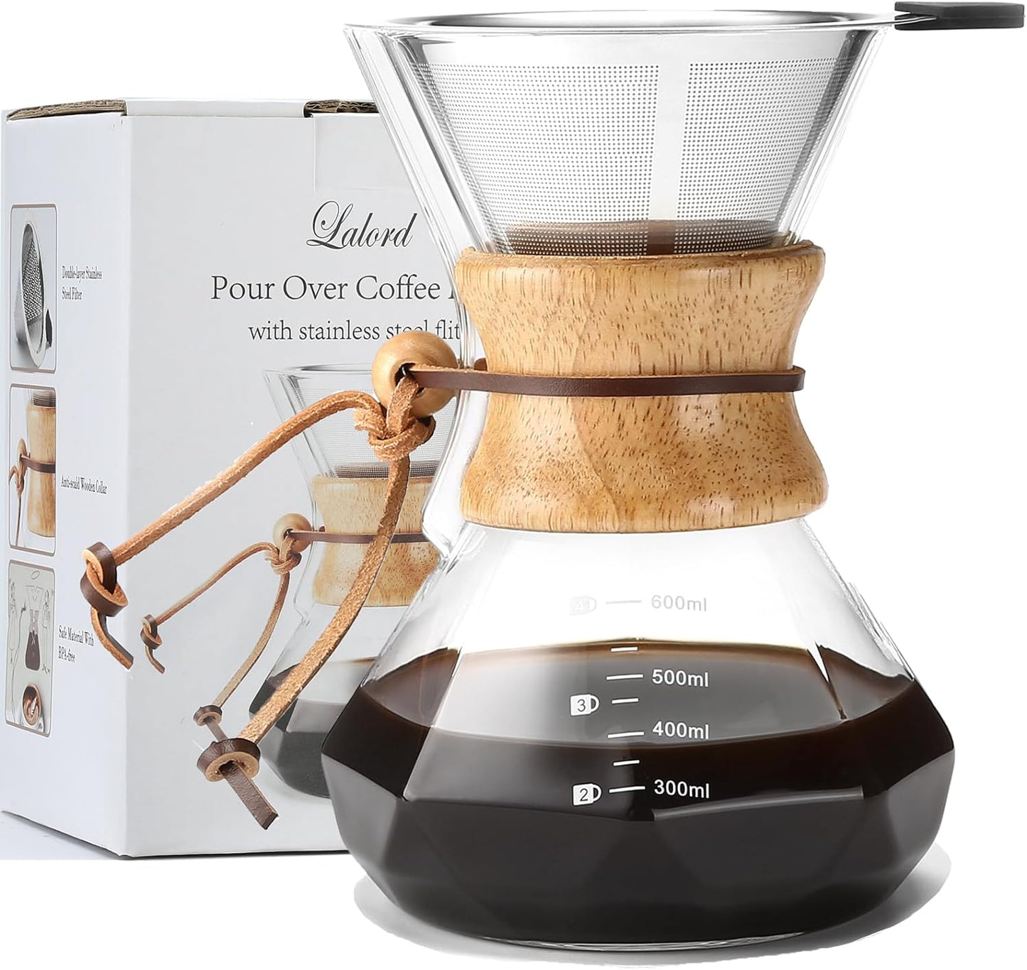 Pour Over Coffee Maker with Stainless Steel Filter, 20 oz Borosilicate Glass Coffee Carafe, Wooden Collar, Coffee Maker Carafe, Hold 3-4 Cups, 600 ml, Clear