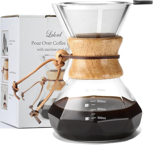 Pour Over Coffee Maker with Stainless Steel Filter, 20 oz Borosilicate Glass Coffee Carafe, Wooden Collar, Coffee Maker Carafe, Hold 3-4 Cups, 600 ml, Clear