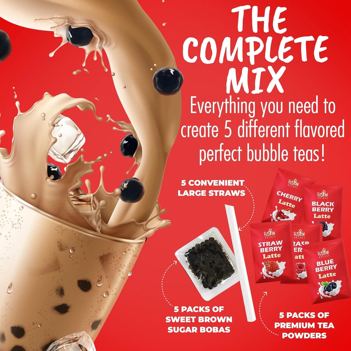 Fusion Select 5 Packs Bubble Tea Kit Extra Rich Blueberry, Raspberry Strawberry Blackberry Cherry Boba Tea Kit Drinks, Boba Tapioca Pearl, Straws, Various Tea Set Flavors