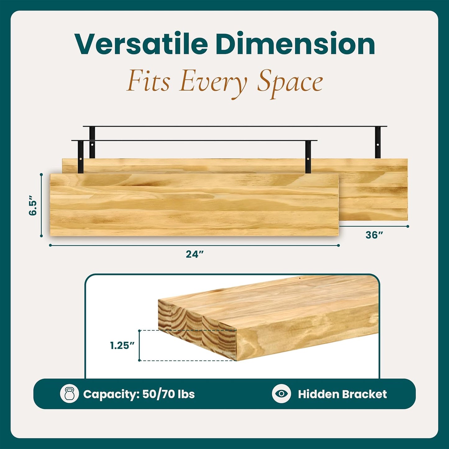 36'' Pine Wood Floating Shelves for Wall- Set of 2 - Rustic Wall Mounted Wooden Shelf for Stylish Home Décor (Natural, 36x6.5x1.25) - 2pcs