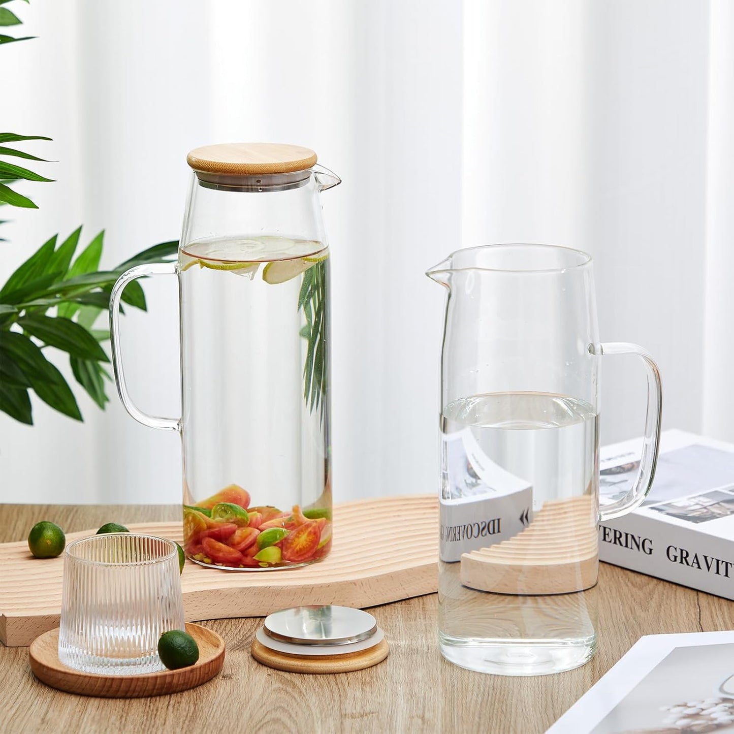 Hsei 2 Sets Glass Pitcher with Lid, 67.6 oz / 2000 ml Water Carafe with Handles Hot Cold Beverage Water Jar Glass Jug for Tea Juice Milk Coffee Iced Beverage(2l)