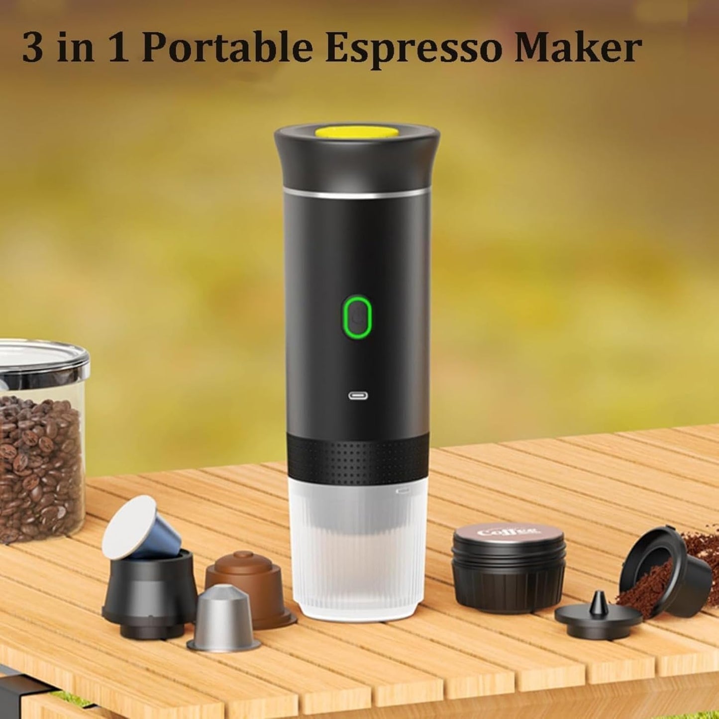 Esprova Portable Espresso Machine, Portable Electric Coffee Maker for Travel Camping, 3-in-1 Self-Heating Espresso Maker, Compatible with Ground Coffee and Capsules, Compact Lightweight (Black)