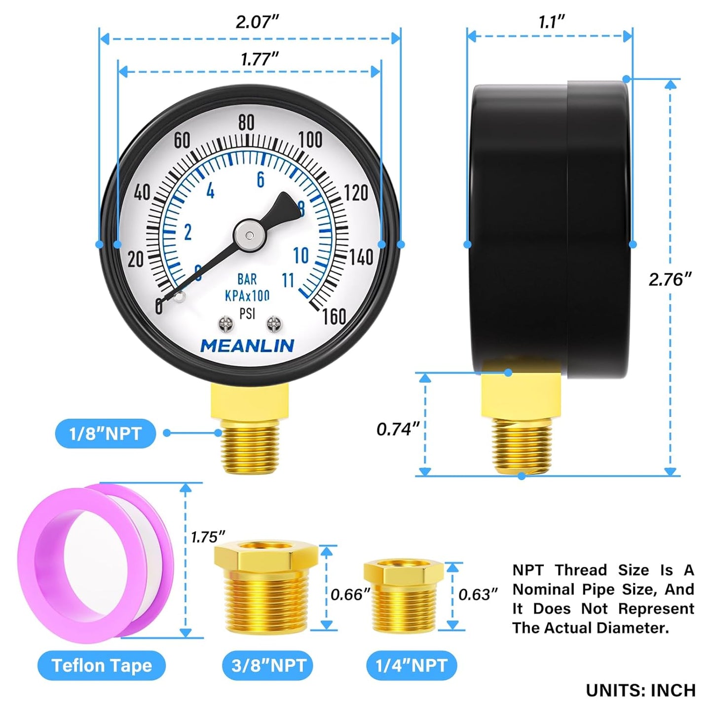 MEANLIN MEASURE 0-160Psi 2" DIAL FACE 1/8" NPT Well Pump Pressure Gauge, with 1/4" NPT and 3/8" NPT Hex Bushing, 3-2-3% Accuracy, Lower Mount