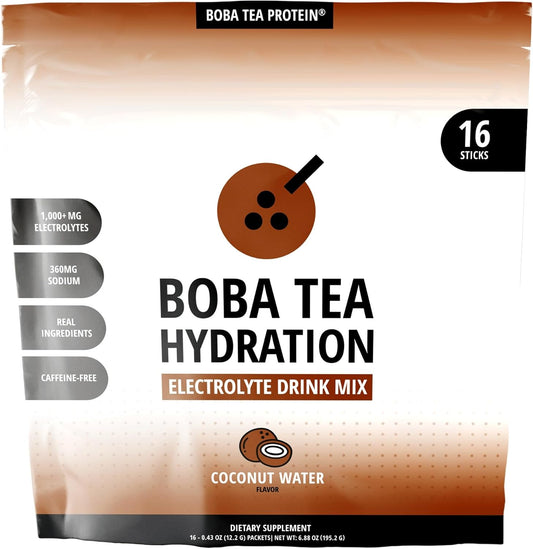 Boba Tea Hydration | Electrolyte Powder Drink Mix | Coconut Water | 1000mg Electrolytes, Vitamin C | 16 Stick Packets