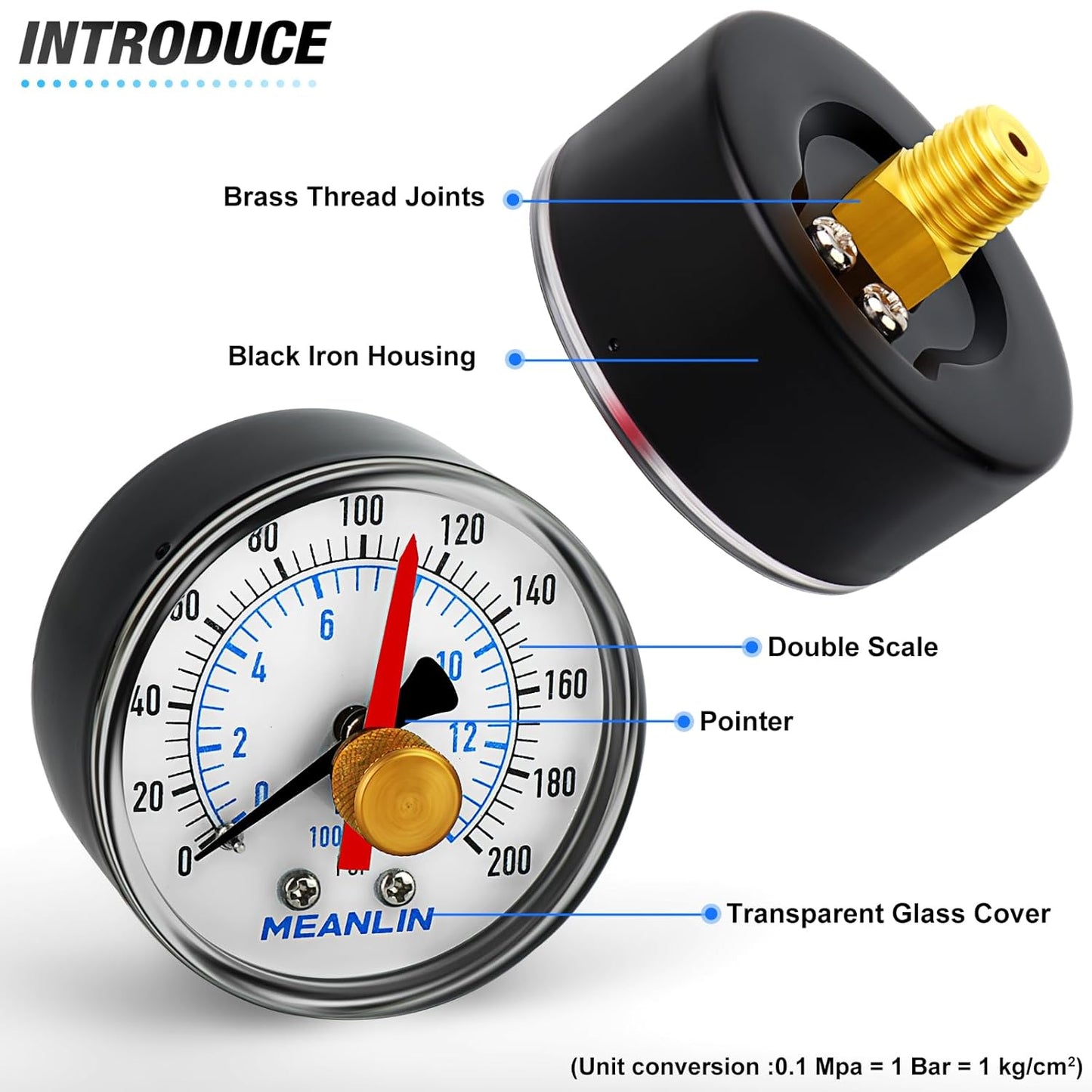 MEANLIN MEASURE 0-200Psi 2" DIAL FACE 1/4" NPT Well Pump Pressure Gauge with 1/2" NPT and 3/8" NPT Adaptor, 3-2-3% Accuracy,with Red Pointer Center Back Mount