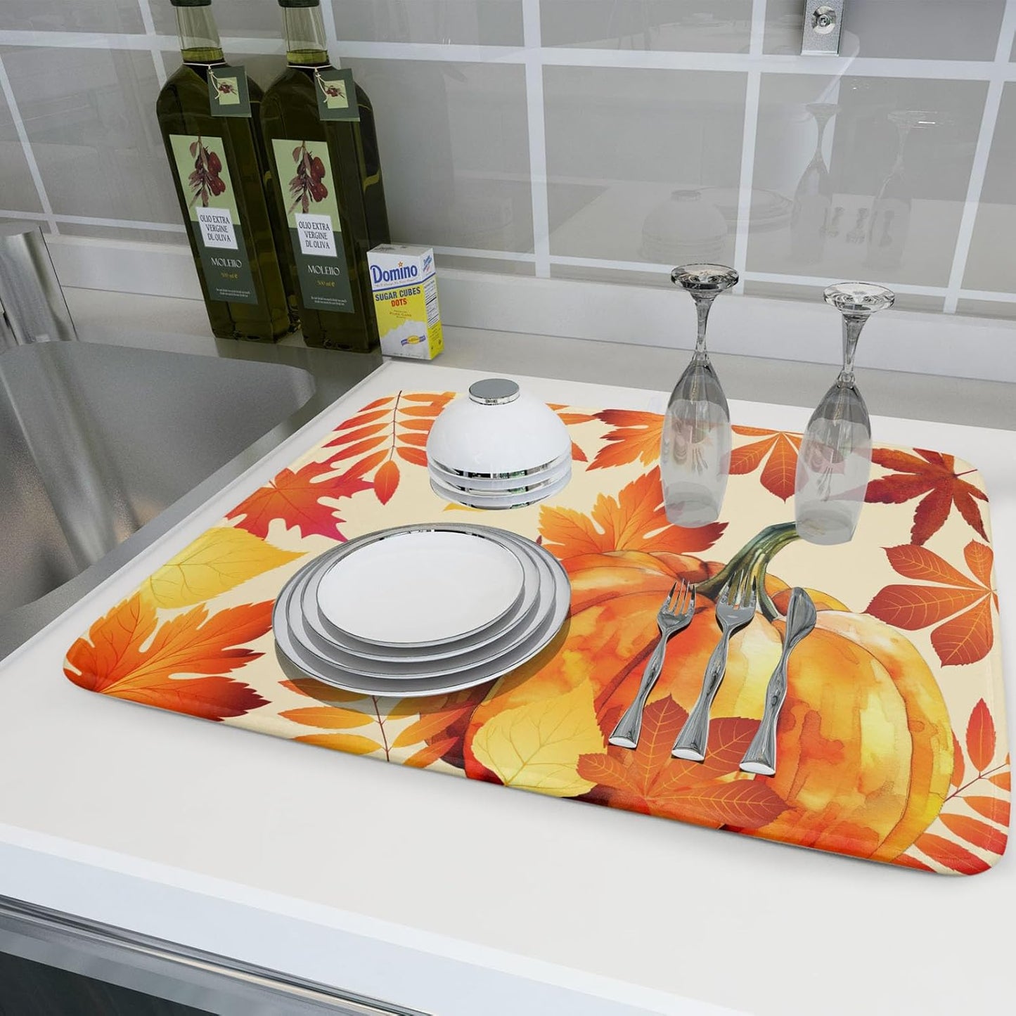 Autumn Pumpkin Maple Leaf Dish Drying Mat for Kitchen Counter,Thanksgiving Fall Holiday Drying Mat with Hanging Loop 18 x 24 Inch Microfiber Dish Drying Pad Dish Rack Drainer Mat for Coffee Bar