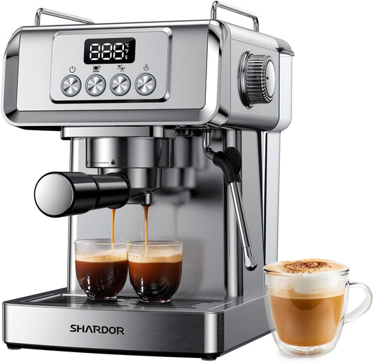 SHARDOR Espresso Machine 20 Bar with Milk Frother Steam Wand, Professional Latte & Cappuccino Maker for Home, 60 Oz Water Tank, Temperature Display, Stainless Steel, 1350W