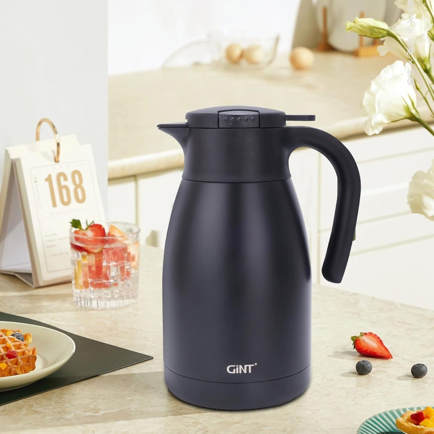 GiNT 51Oz Stainless Steel Thermal Coffee Carafe with Lid/Double Walled Vacuum Thermal Carafe / 12 Hour Heat Retention (Black, 1.5L)