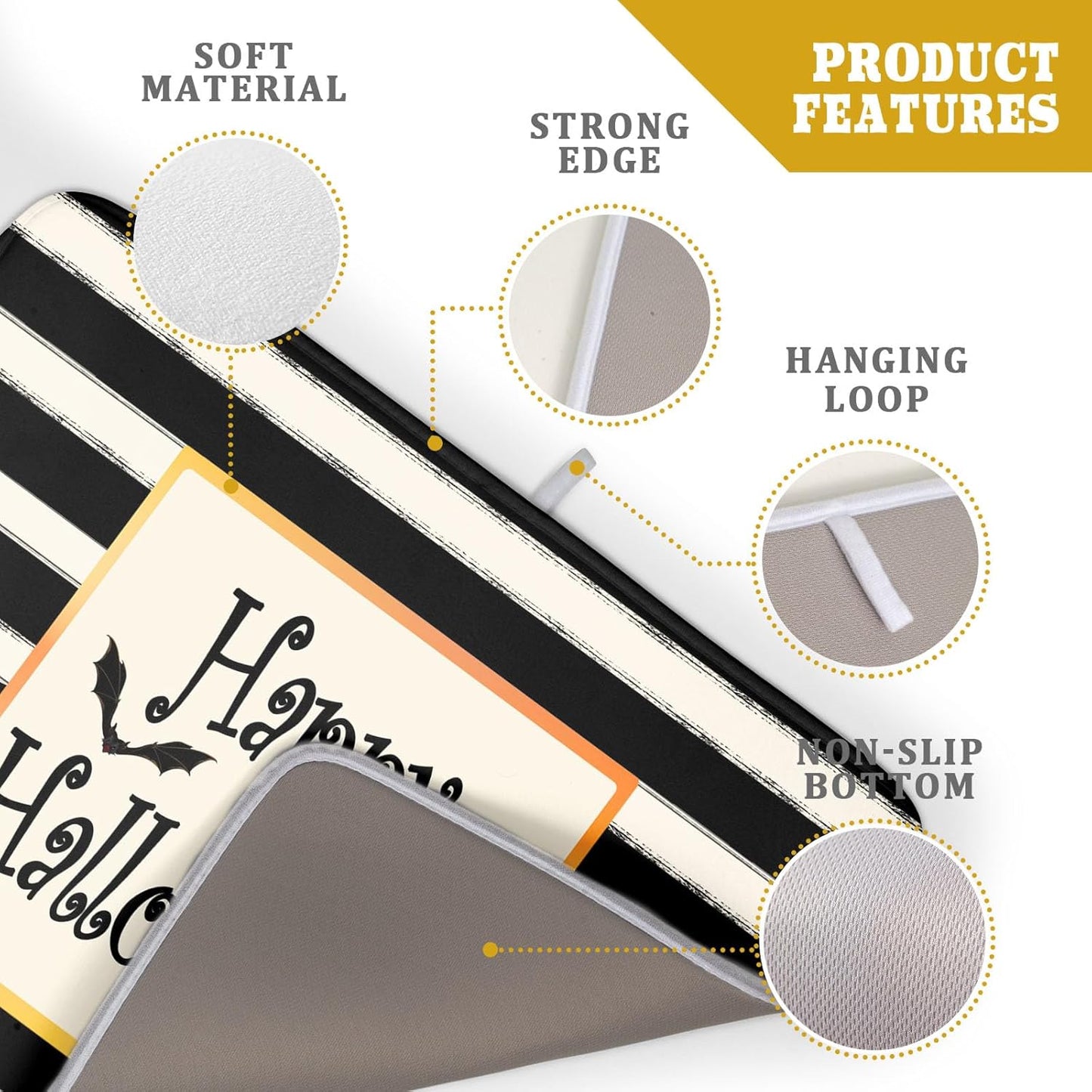 Happy Halloween Bats Dish Drying Mat for Kitchen Counter,Black and White Stripe Drying Mat 18 x 24 Inch with High Absorbent Microfiber Dish Drying Pad Dish Rack Pad Drainer Mat for Coffee Bar