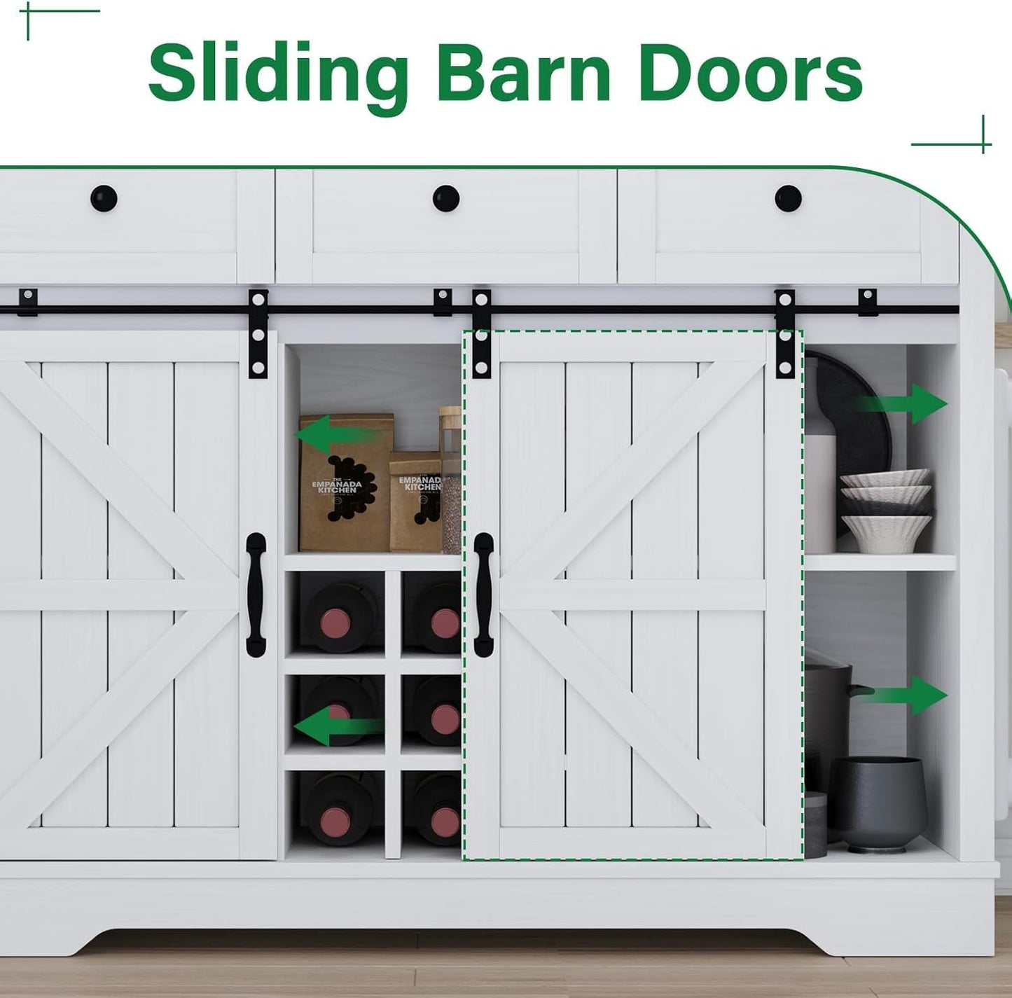 4 EVER WINNER 72" Coffee Bar Cabinet with Sliding Barn Door & Wine Racks, Hutch Cabinet with Storage and 3 Drawers, Farmhouse Coffee Bar with Wine Glass Holder for Dining Room Kitchen, White