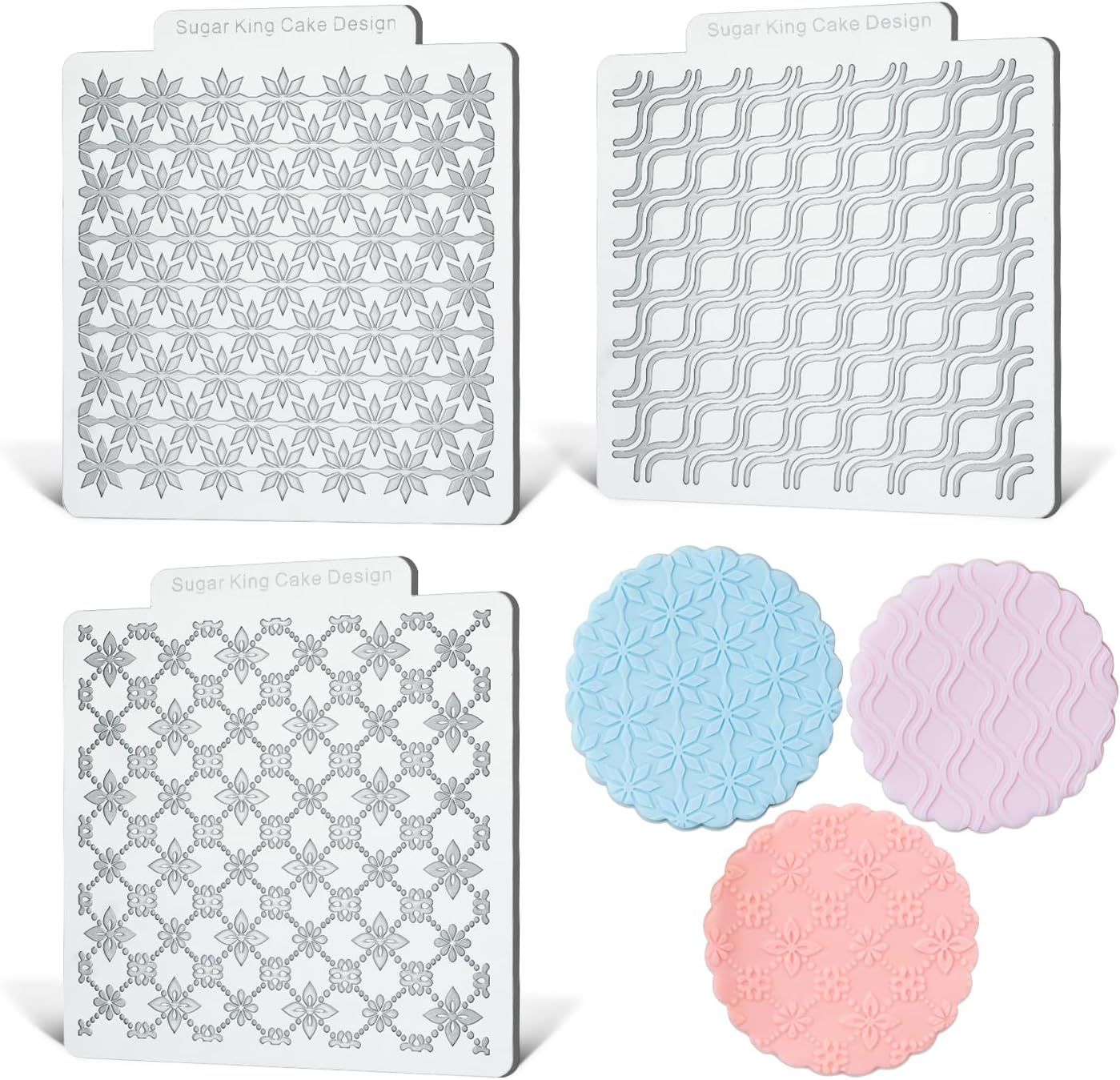 KALAIEN 3 Pack Cookie Embosser Set, Fondant Impression Mats Acrylic Embosser for Fondant Stamps, Texture Sheets for Polymer Clay, Chocolate, Cupcake Topper, Fondant Molds-Style 3