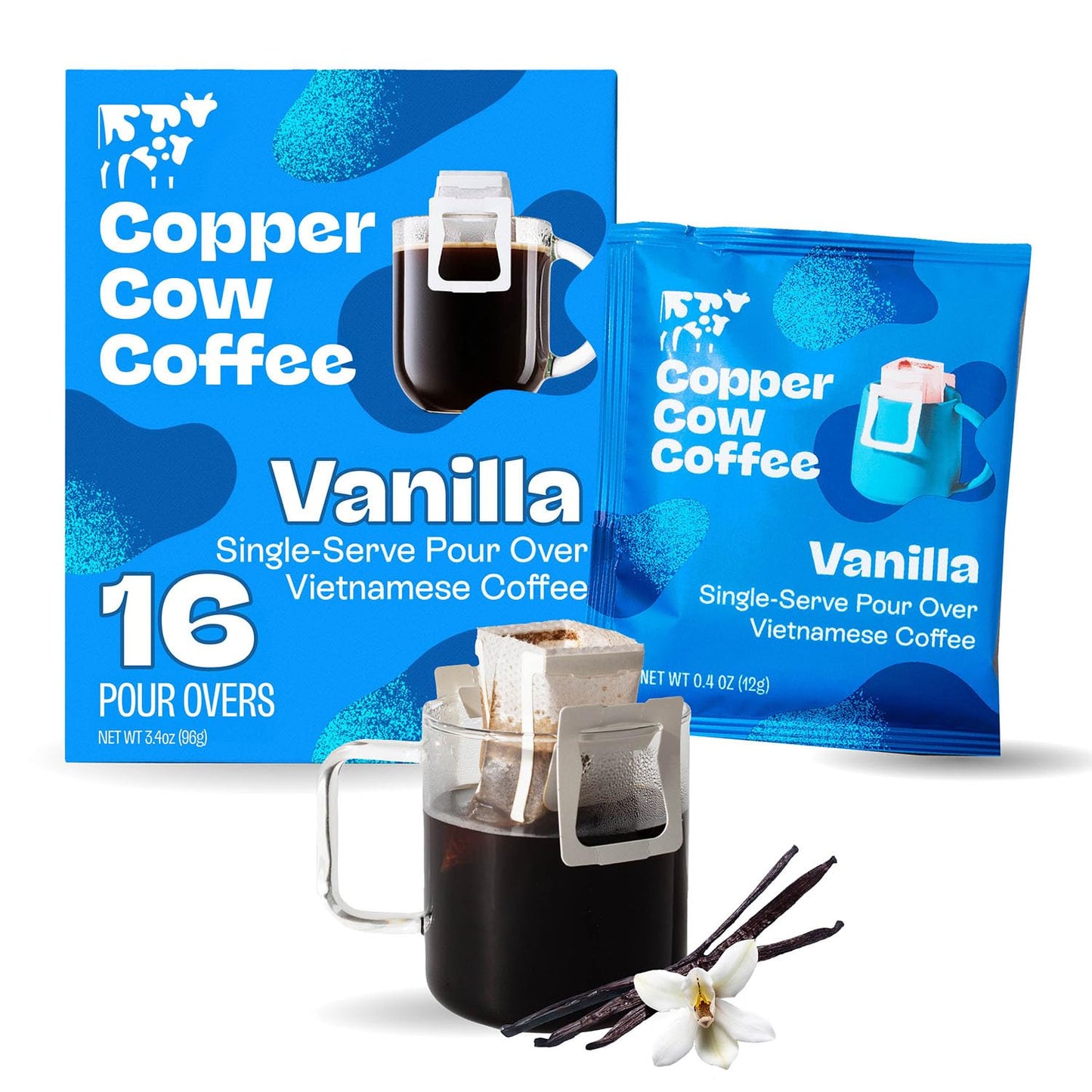 Copper Cow Premium Pour Over Single-Serve Vietnamese Coffee | Vanilla | Dark Roast | Flavored with Vanilla Beans | Includes 16 Coffees