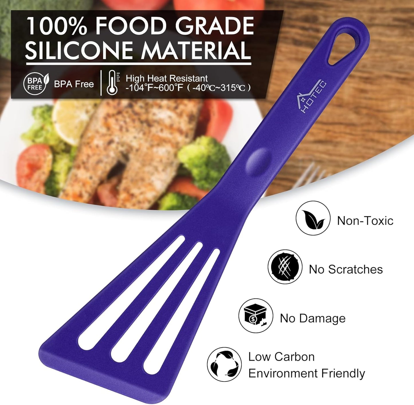 HOTEC 600℉ Heat Resistant Silicone Slotted Fish Turner Spatula Set, BPA Free Kitchen Cooking Spatulas, for Non Stick Cookware Dishwasher Safe Classic Blue, set of 2