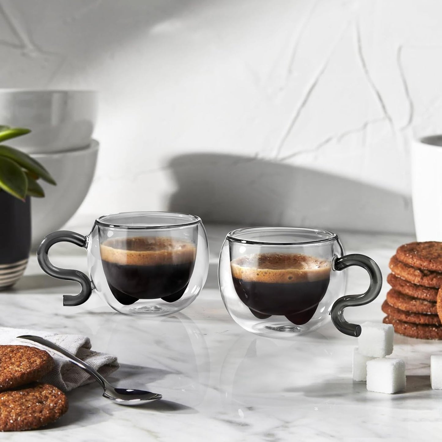 ecooe 4.4 Oz Black Cute Cat Double Wall Glasses Espresso Cups Set of 2, Demitasse Cups, Espresso Shots Coffee Cups Birthday Christmas Gifts for Women,Men, Mum, Kids, 130 ml (full capacity)