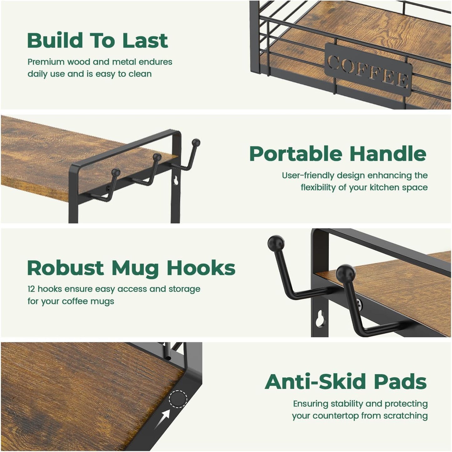 EsLuker.ly Coffee Mug Cup Holder Tree Bar Station Organizer for Countertop, Multi-Functional 2 Tier Mug Stand Rack for Kitchen, Storage Shelf with 12 Hooks, Vintage Brown-Black(Patented Design)