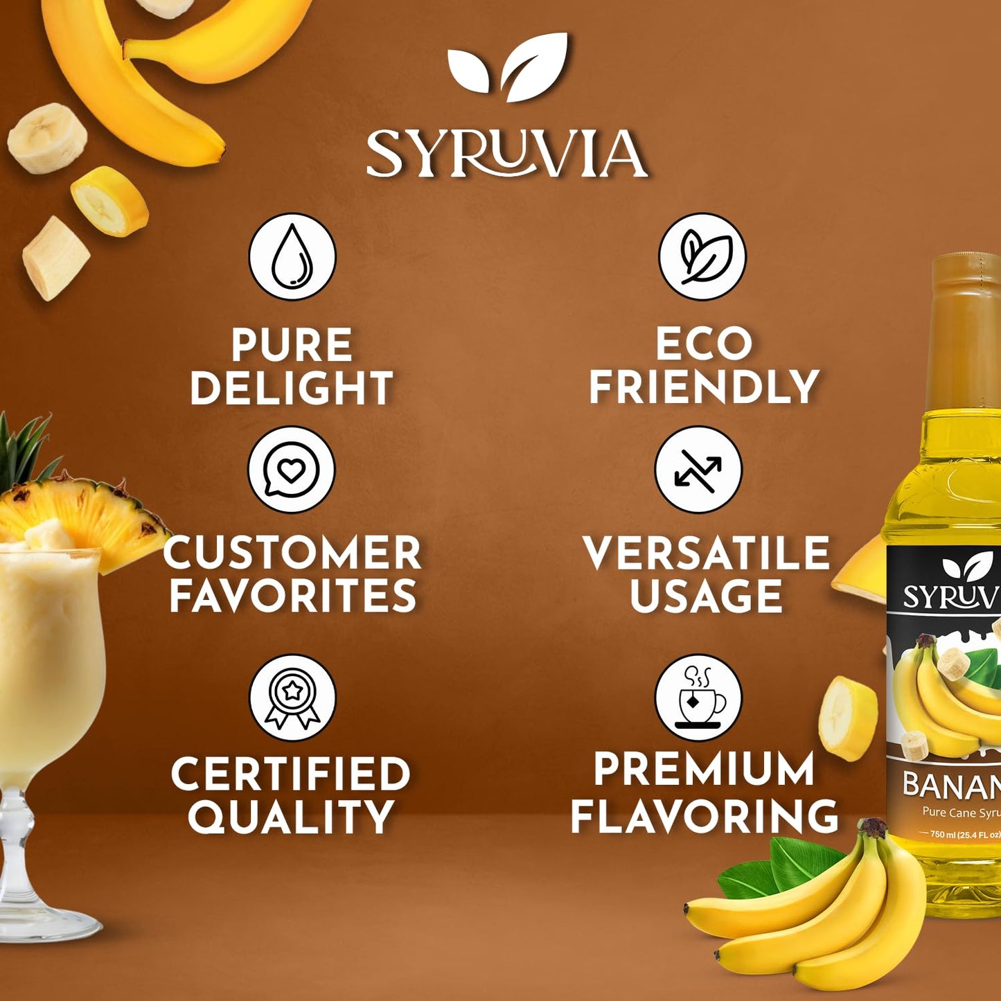 Syruvia Banana Flavored Syrup - 25.4 fl oz - Kosher Flavored Syrups, Gluten Free, No Coloring, Perfect for Drinks, Soda, Shakes, Cocktails, Desserts, and More.