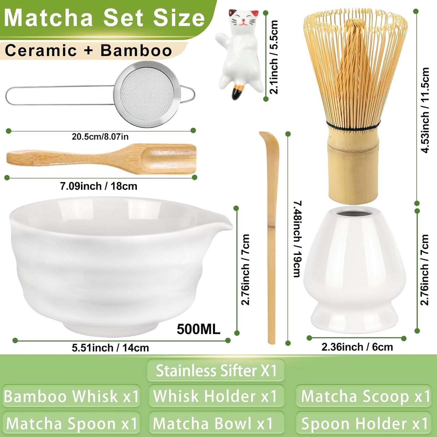 7 Pcs Matcha Whisk Set, Matcha Set with Ceramic Bowl, Bamboo Scoop, Whisk, Whisk Holder, Sifter, Spoon and Scoop Holder, Matcha Kit for Matcha Lover (White)