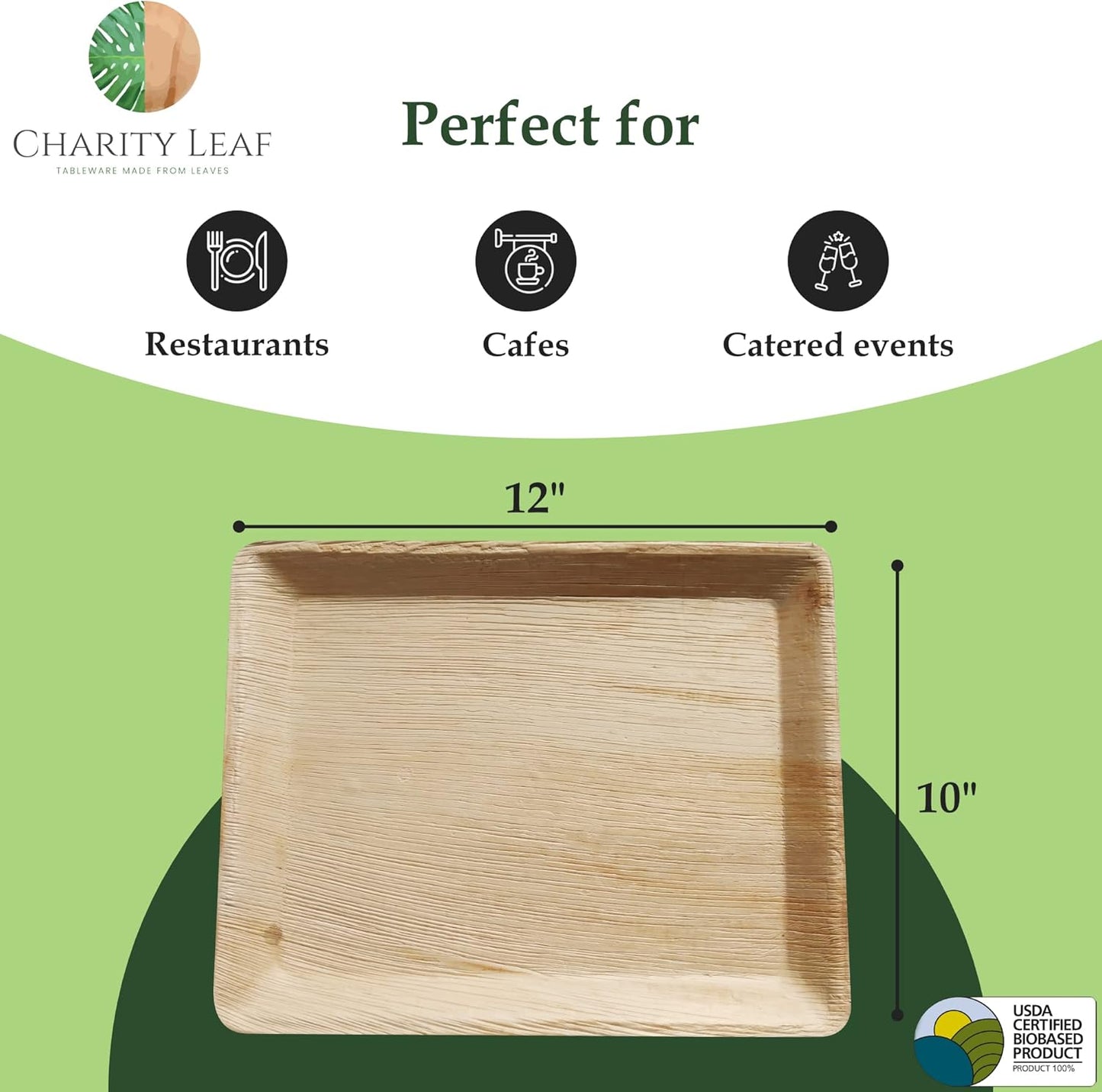 Charity Leaf Disposable Palm Leaf 12" x 10" Trays (25 pieces) Bamboo Like Serving Platters, Disposable Boards, Eco-Friendly Dinnerware For Weddings, Catering, Events