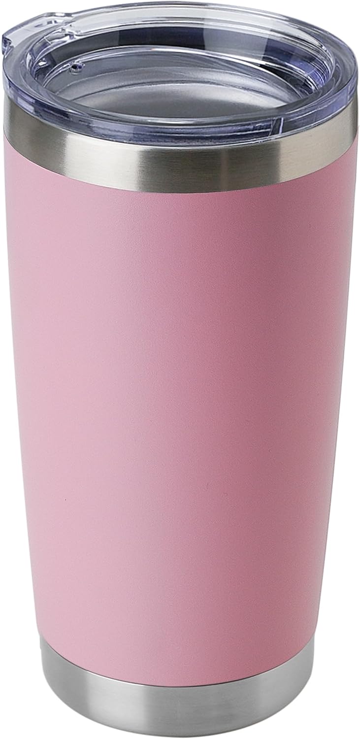 DOMICARE 20oz Stainless Steel Tumbler Bulk with Lid, Double Wall Vacuum Insulated Travel Mug, Powder Coated Coffee Cup, Pink, 1 Pack
