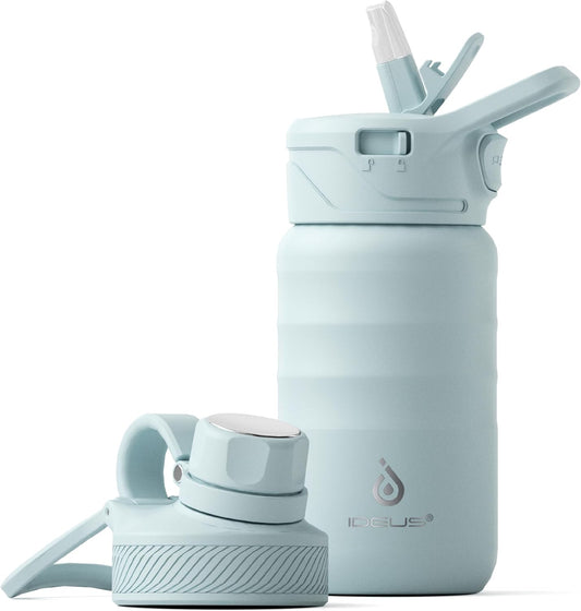 IDEUS Insulated Water Bottle 12oz, Stainless Steel Insulated Water Bottle For School, Insulated Bottles With Straws Leakproof, Vacuum Double Wall Water Bottles For Boys And Girls With 2 Lids, BPA Free