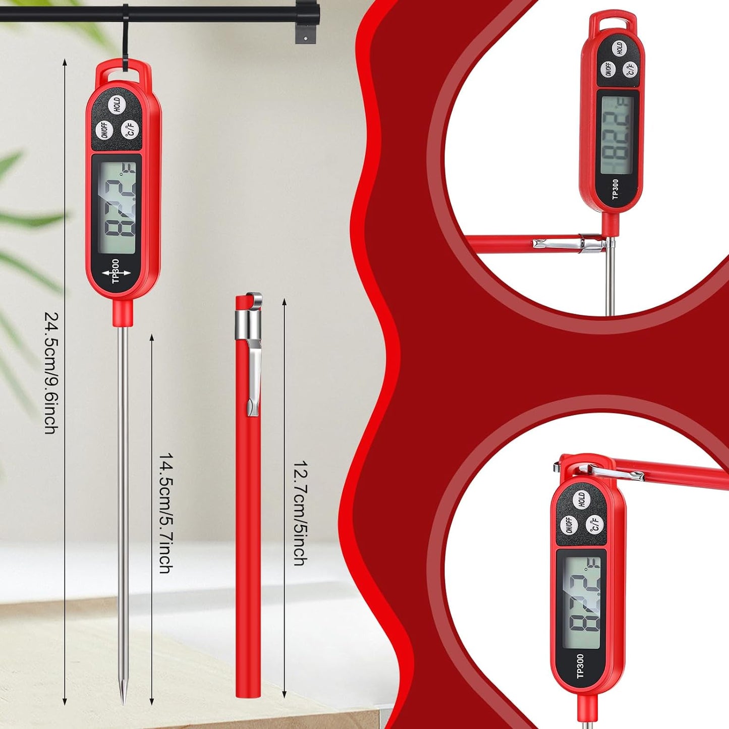 6 Pcs Meat Thermometer Food Thermometer with Probe Water Liquid Instant Read Digital Thermometer Cooking Thermometer Supplies BBQ Kitchen Thermometer for Cooking Milk Yogurt (Red)