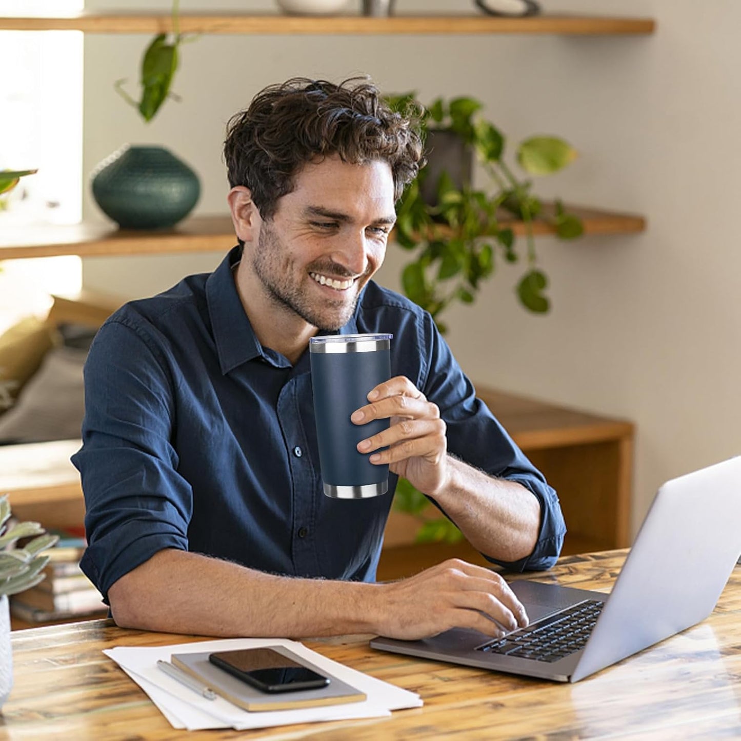 20oz Tumbler Bulk with Lid and Straw, Stainless Steel Double Wall Vacuum Insulated Travel Mug, Powder Coated Coffee Cups for Hot and Cold Drinks,Funny Gifts for Women Men(Navy Blue,4)