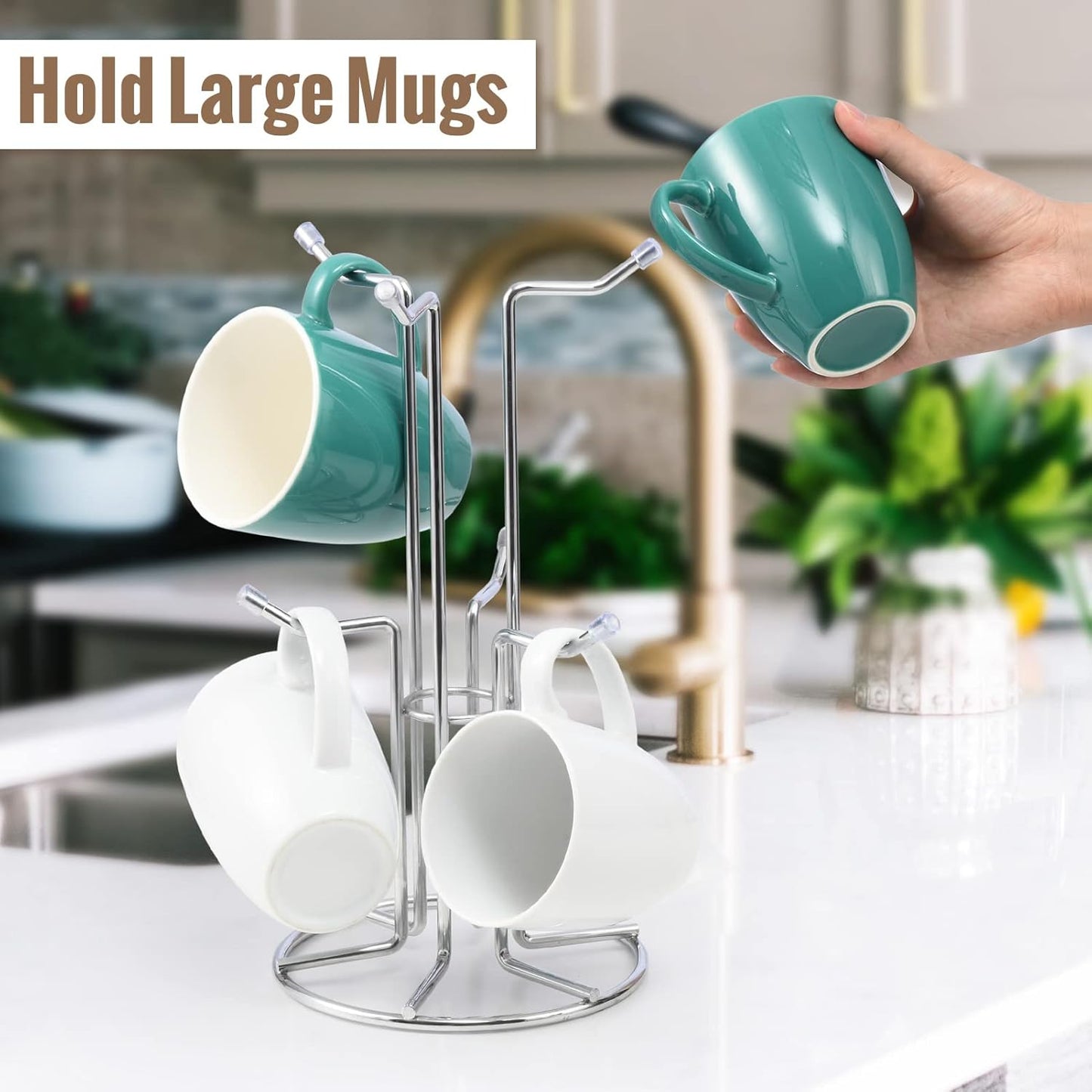 HULISEN Coffee Mug Holder for Countetop, Cup Tree for Counter Large Mugs with 6 Hooks, Metal Cup Holder Stand, Standing Rack Display for Coffee Bar, Silver