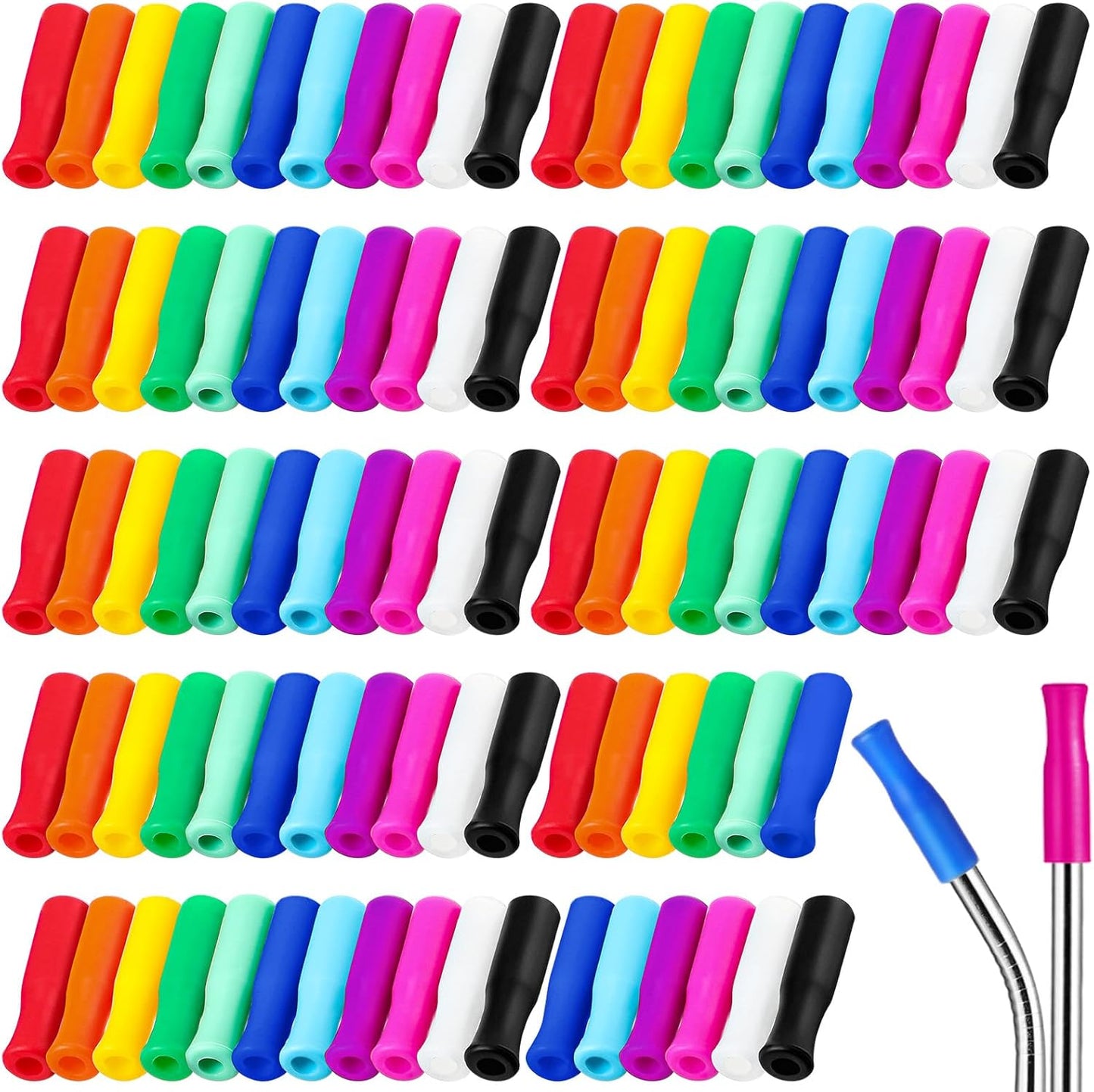 Zhehao 100 Pcs Silicone Straw Tip Multicolored Straw Tip Cover Reusable Silicone Cover Metal Tip for 6mm Outer Diameter Metal Stainless Steel, 11 Assorted Color