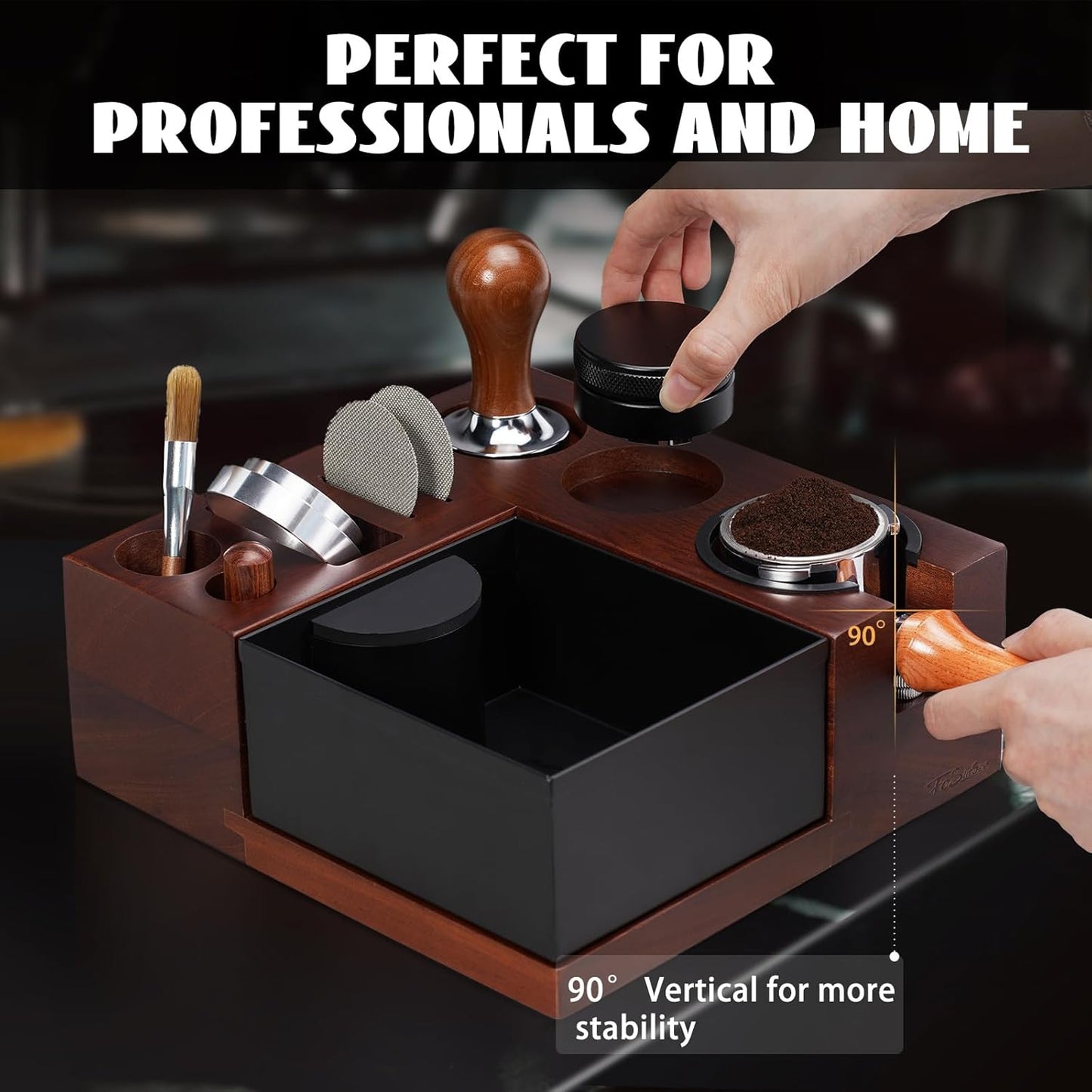 Espresso Knock Box, Walnut Tamping Station, 9 in 1 Coffee Organizer Box Fit for 51mm 54mm 58mm, Coffee Distributor & Portafilter, Espresso Accessories Kit