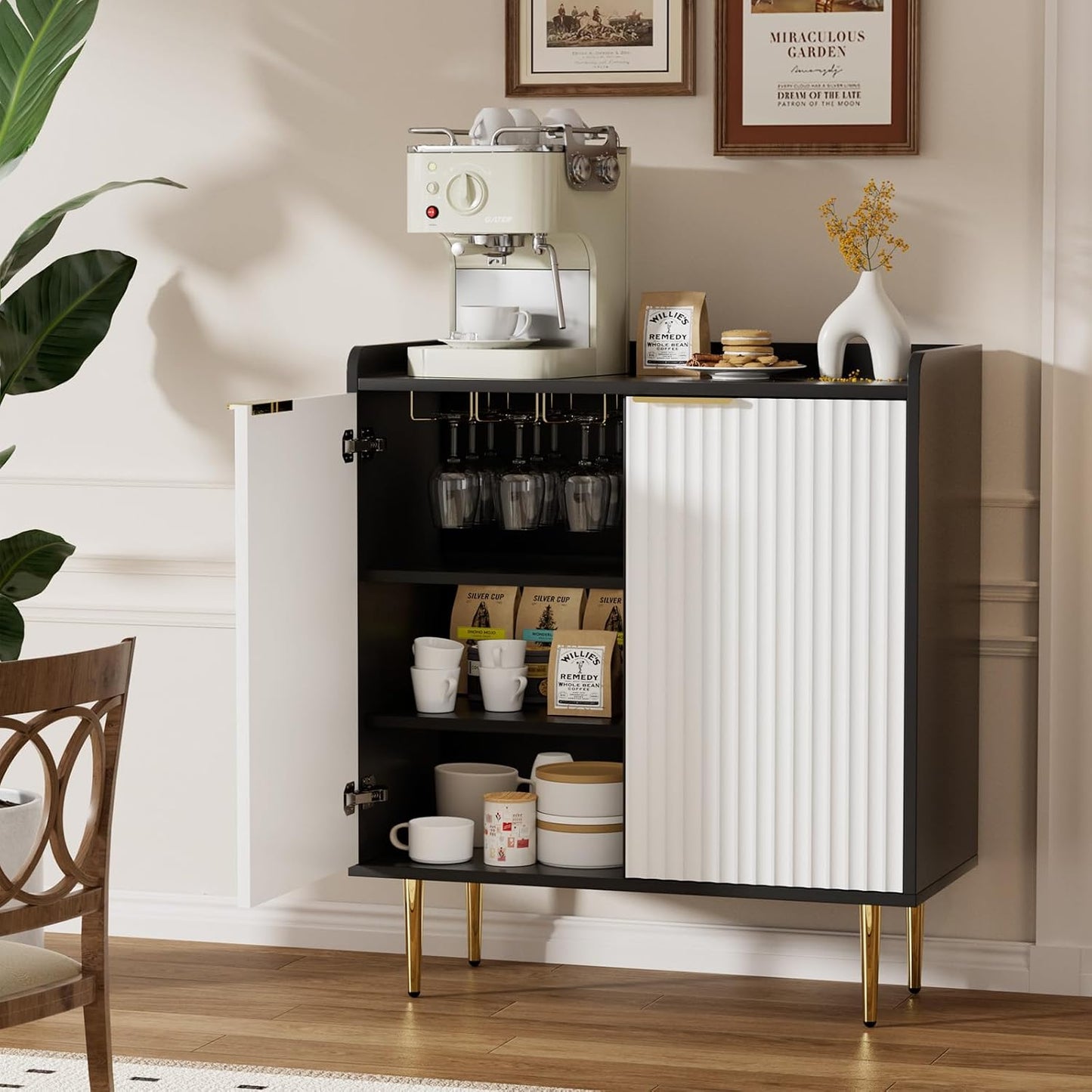 EOYUTLLY Coffee Bar Cabinet with Wine Rack & Glass Holder, Kitchen Wine Cabinet with Drawer and Storage, Liquor Bar Cabinet for Living Room Dining Room, Black Frame + White Door