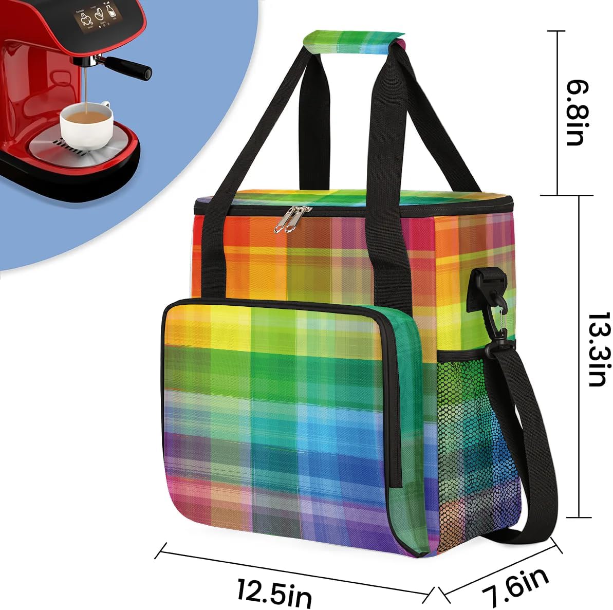 stripes colorful grid Coffee Maker Carring Bag Travel Carrying Storage Tote Bag Compatible with Keurig K-Mini or K-Mini Plus Portable Single Serve Coffee Brewer Case with Pockets for K-cup Pods