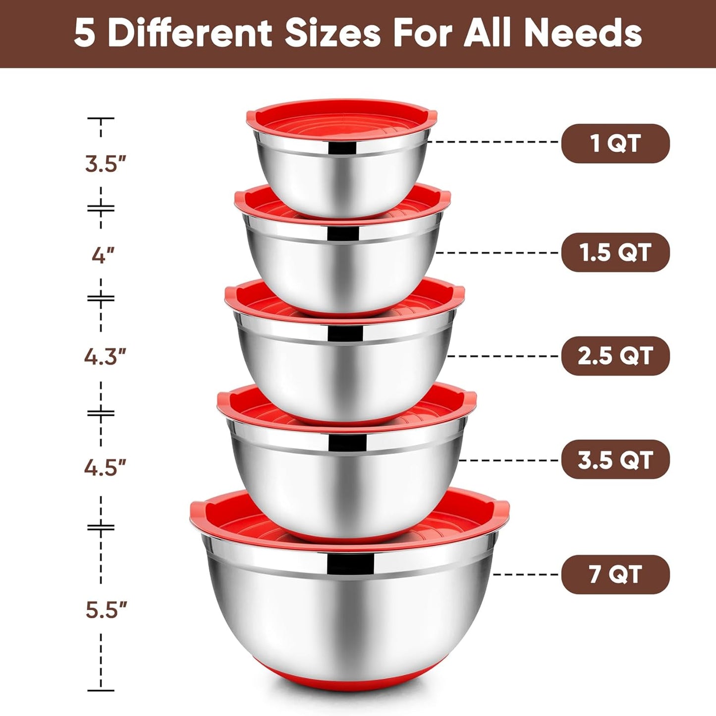TeamFar Mixing Bowls with Lids Set, 7/3.5/2.5/1.5/1 QT, Stainless Steel Large Red Nesting Metal Salad Mixing Bowl Set of 5, Healthy & Easy Clean, Airtight Lid & Non-slip Bottom