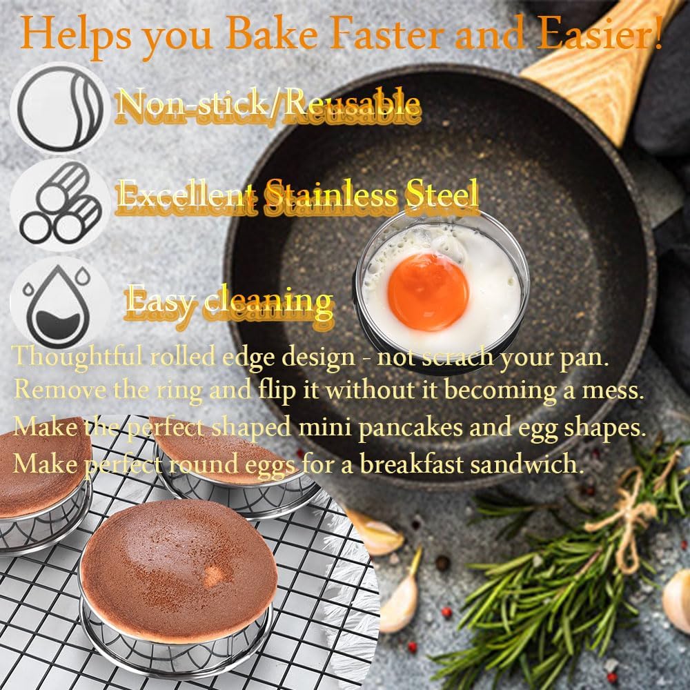 8 Pieces English Muffin Rings Crumpet Rings 3.15 Inch Stainless Steel Double Rolled Tart Ring Nonstick Metal Round Ring Mold for Kitchen Cooking Baking