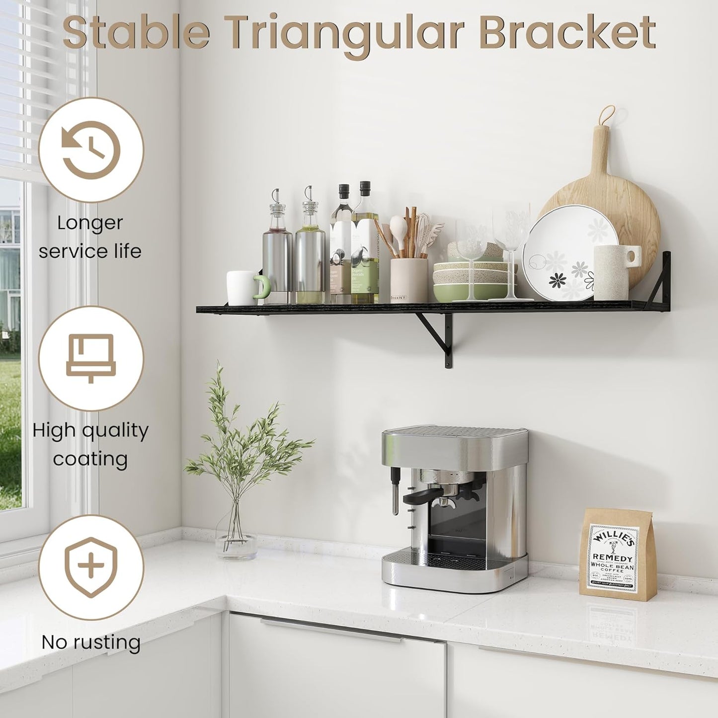 Dreamland Floating Shelves for Wall, 12 Inch Deep Floating Shelves Set of 2, 48W x 12D Large Wall Shelf with Sturdy Metal Brackets for Living Room, Bathroom, Bedroom and Kitchen, Black