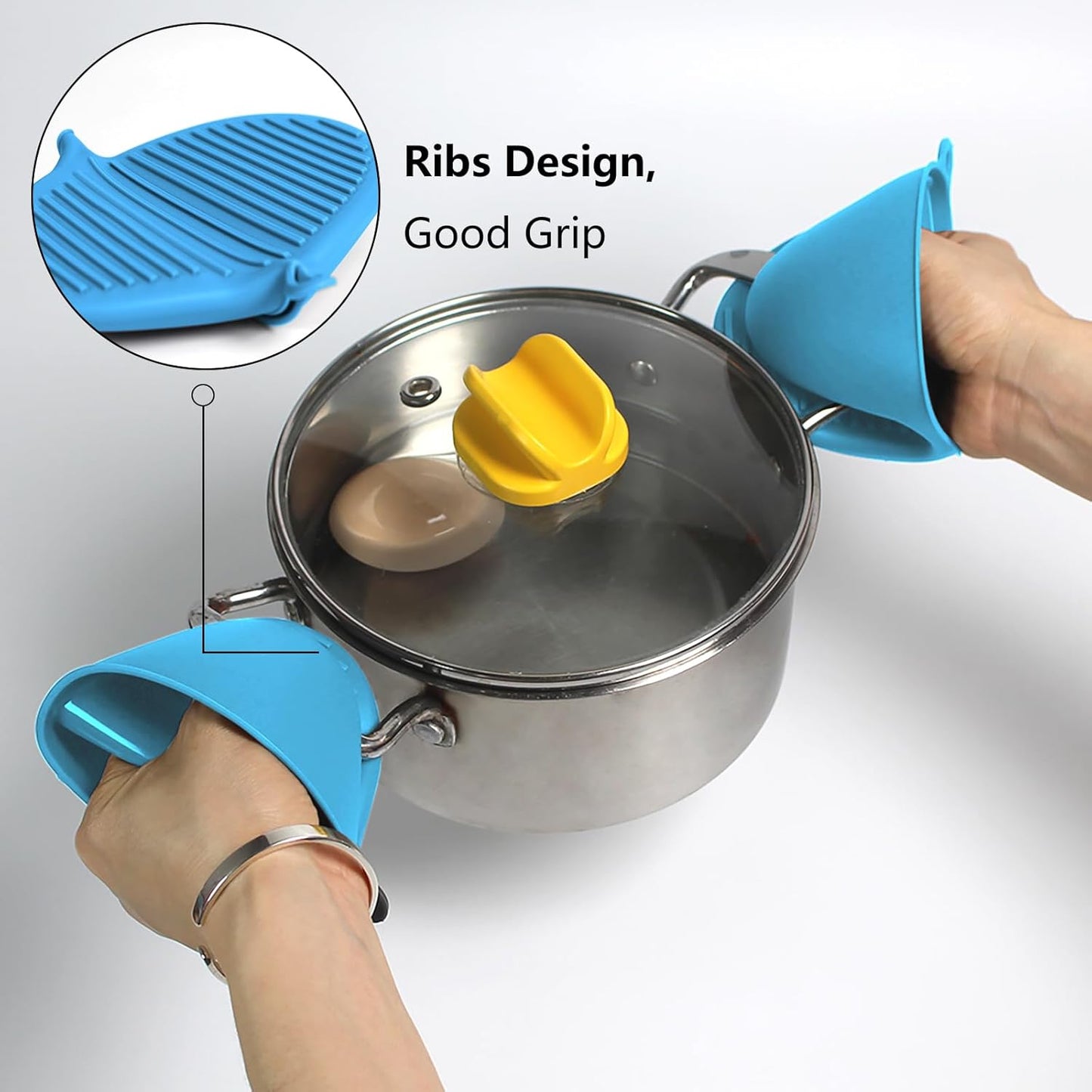 3 Pairs Oven Mitts Silicone Pot Holders Set Heat Resistant for Kitchen - Mini Silicone Oven Gloves Small Mittens Short Grips for Cooking & Baking, Blue