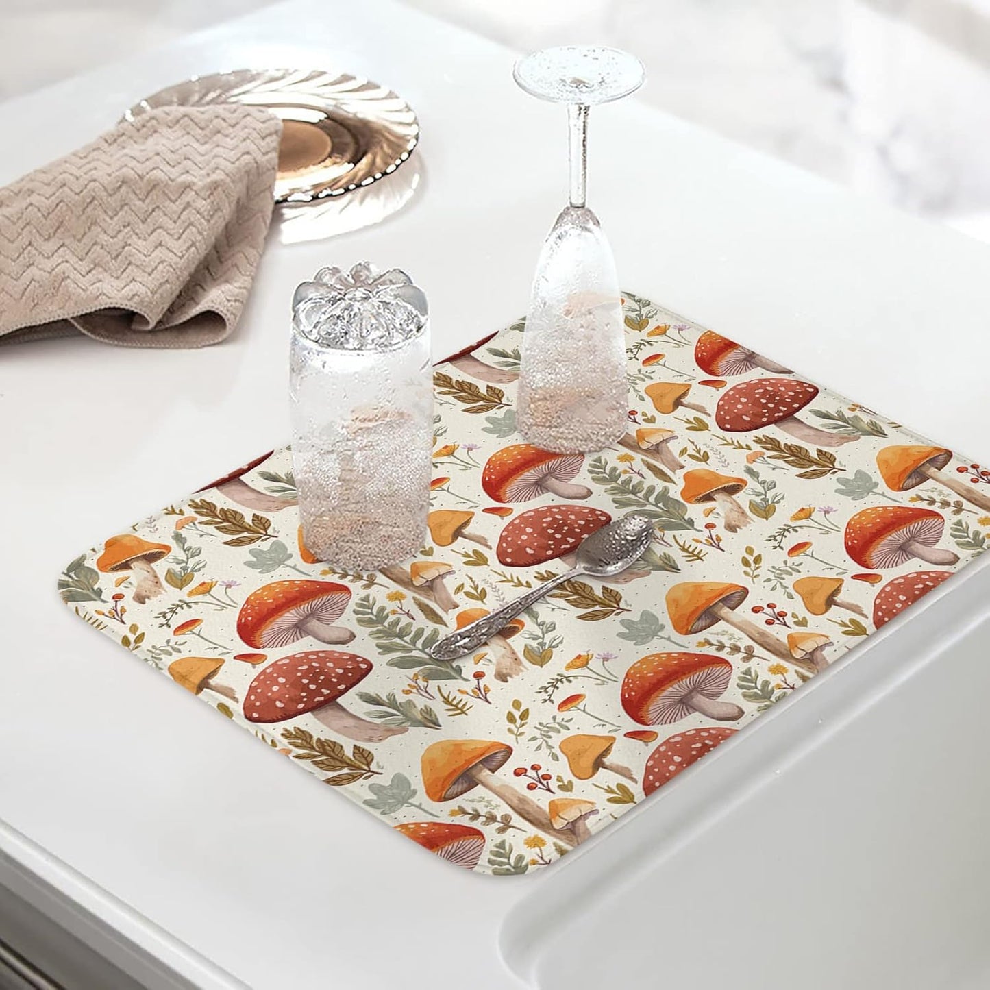 Fall Dish Drying Mat for Kitchen Counter Mushroom Drying Pad Absorbent Drying Mats for Countertops Sinks Draining Racks Autumn Plant Leaves Drainer Holiday Harvest Thanksgiving Decorations 18x24