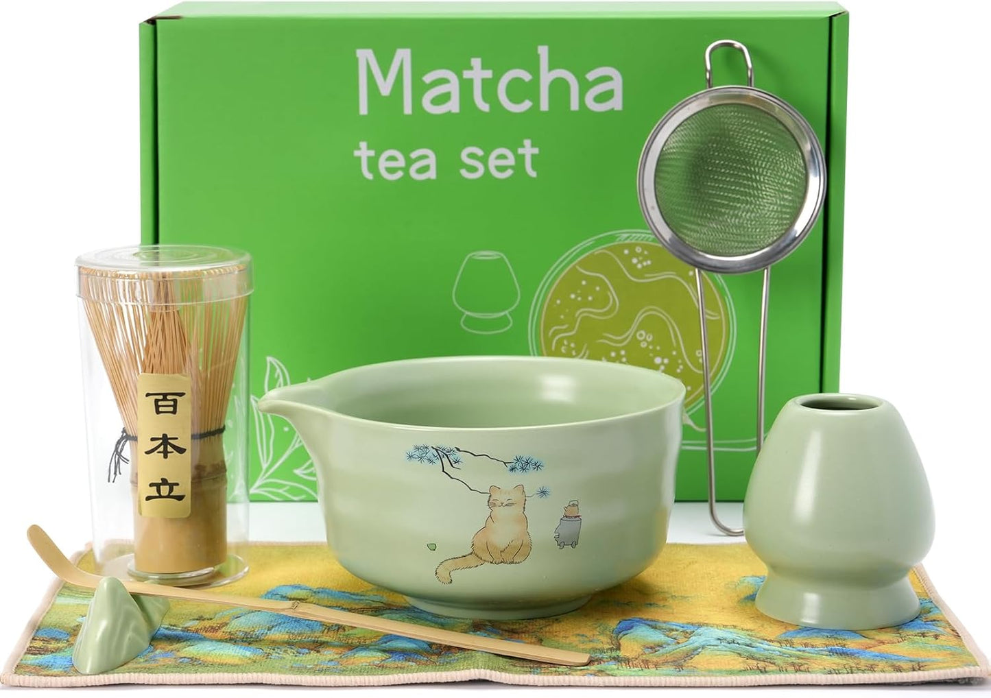 Matcha Whisk Set, Ceramic Matcha Set Includes Matcha Bowl, Matcha Whisk and Holder, Bamboo Scoop, Scoop Rest, Sifter and Tea Towel - 7 Pcs Matcha Kit(Green)