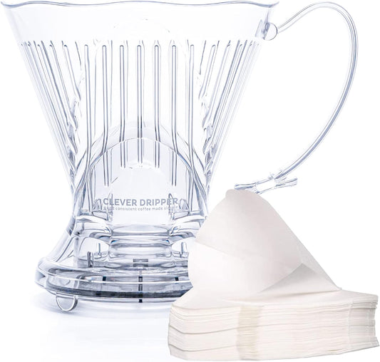 Clever Coffee Dripper and Filters, Large 18 oz, Original Classic Design, Safe BPA Free Plastic, dripper coffee maker, drip coffee maker pour over, 100 filters, coaster and lid, 18 oz (Clear)