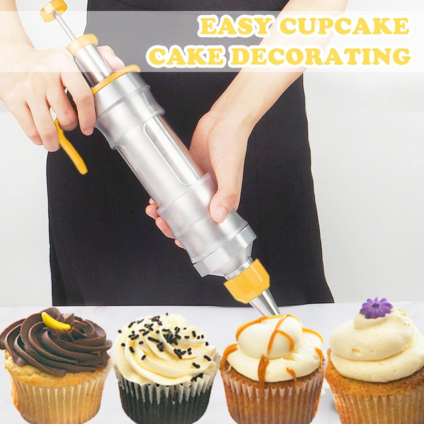 JAYVAR Dessert Decorating Syringe Set, Cake Decorating Kit, Stainless Steels Frosting Piping Kit for Cupcake Decoration with 6 Piping Nozzles, Cake Decorating Gun for Frosting Cream to Make Cupcakes