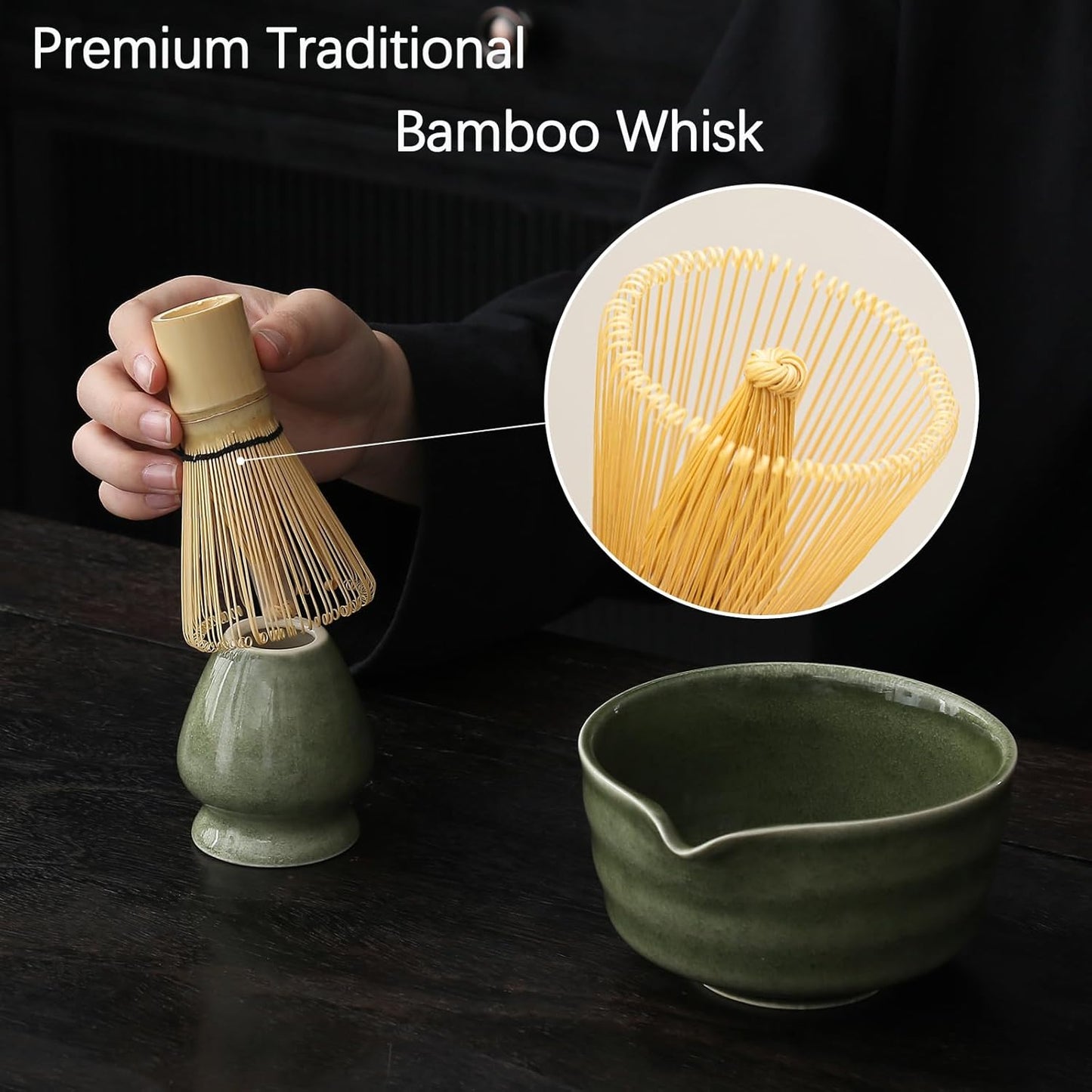 Matcha Whisk Set, Matcha Bowl with Spout, Matcha Whisk and Holder, Bamboo Matcha Scoop and Stainless Sifter - 5 Pcs Jade Green Matcha Kit for Matcha Lover
