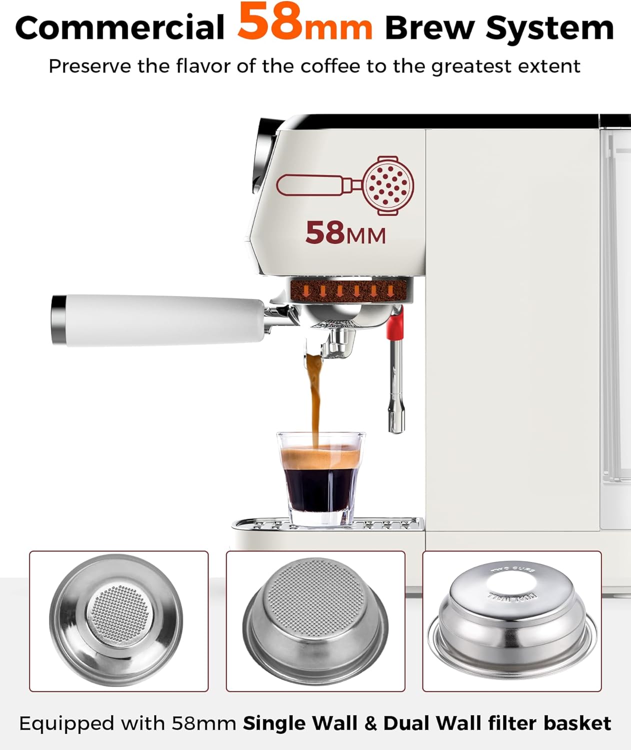 Tuni E2 58mm Dual Boiler Espresso Machine and G1 Ivory 48 Grinding Settings Conical Burr Coffee Grinder with Bottomless Portalfilter Combo (E2 with Upgrade Kit)
