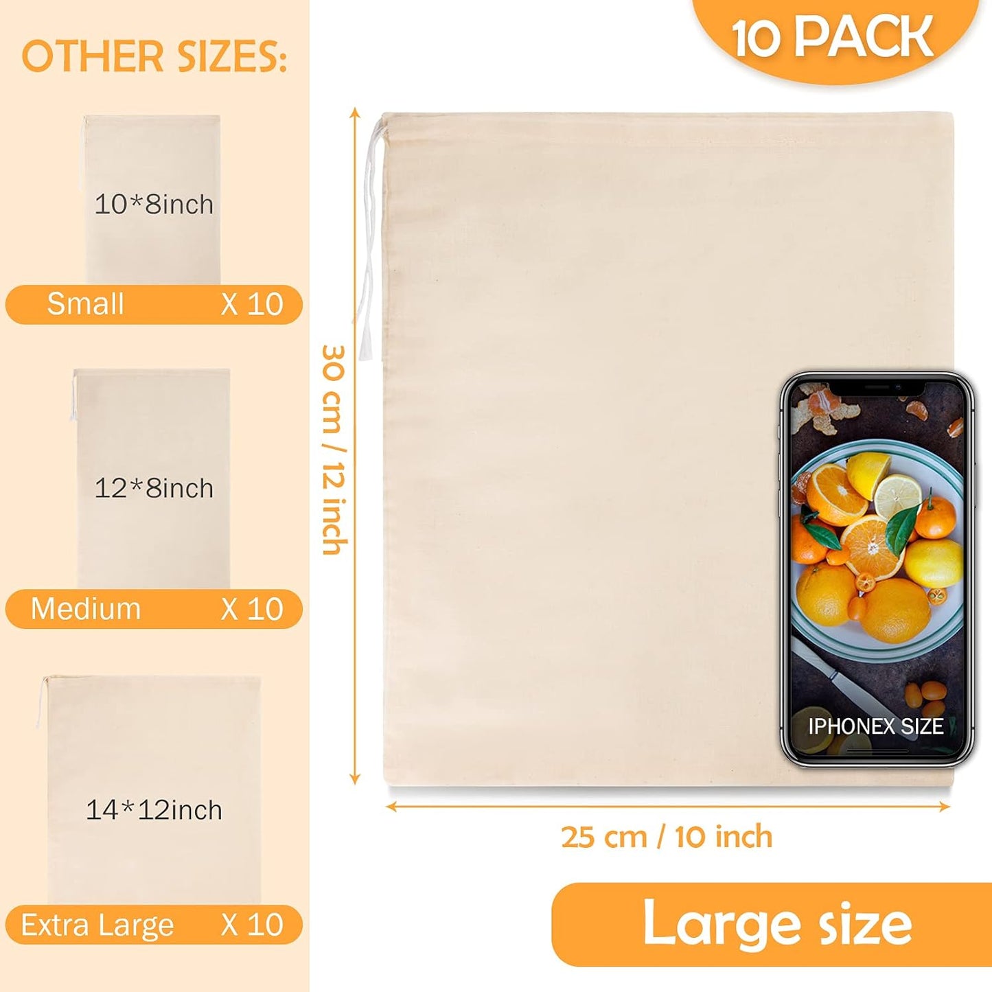 10 Pack Nut Milk Bag, 10‘’ x 12‘’ Fine Mesh Grade Reusable Cheesecloth Bags Strainers, Unbleached Organic Cotton Filter Bags for Almond Milk, Juices, ColdBrew, Cheese, Tea, Yogurt, Coffee