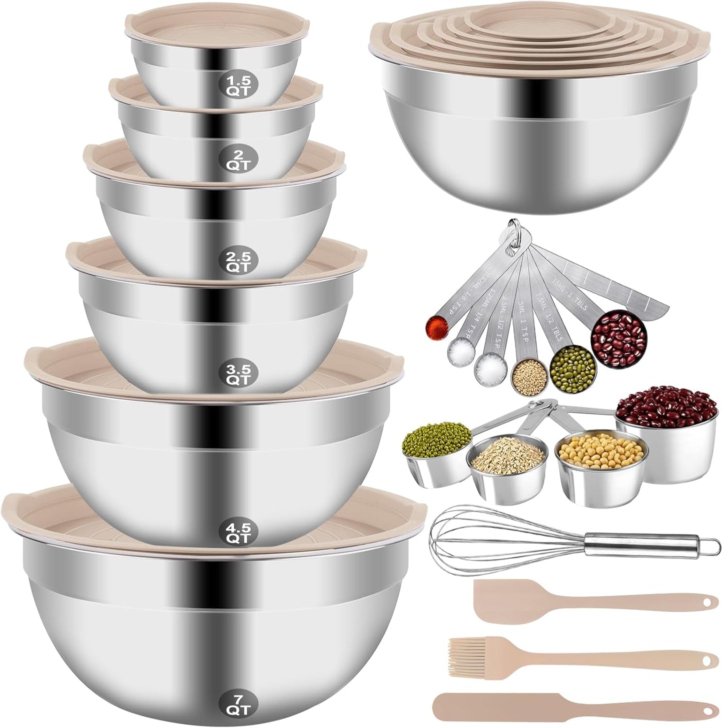 Mixing Bowls Set, 27PCS Khaki Mixing Bowls With Lids Set Stainless Steel Kitchen Large Nesting Metal Bowl 7QT to 1.5QT, Measuring Cups and Spoons for Prepping Cooking Serving