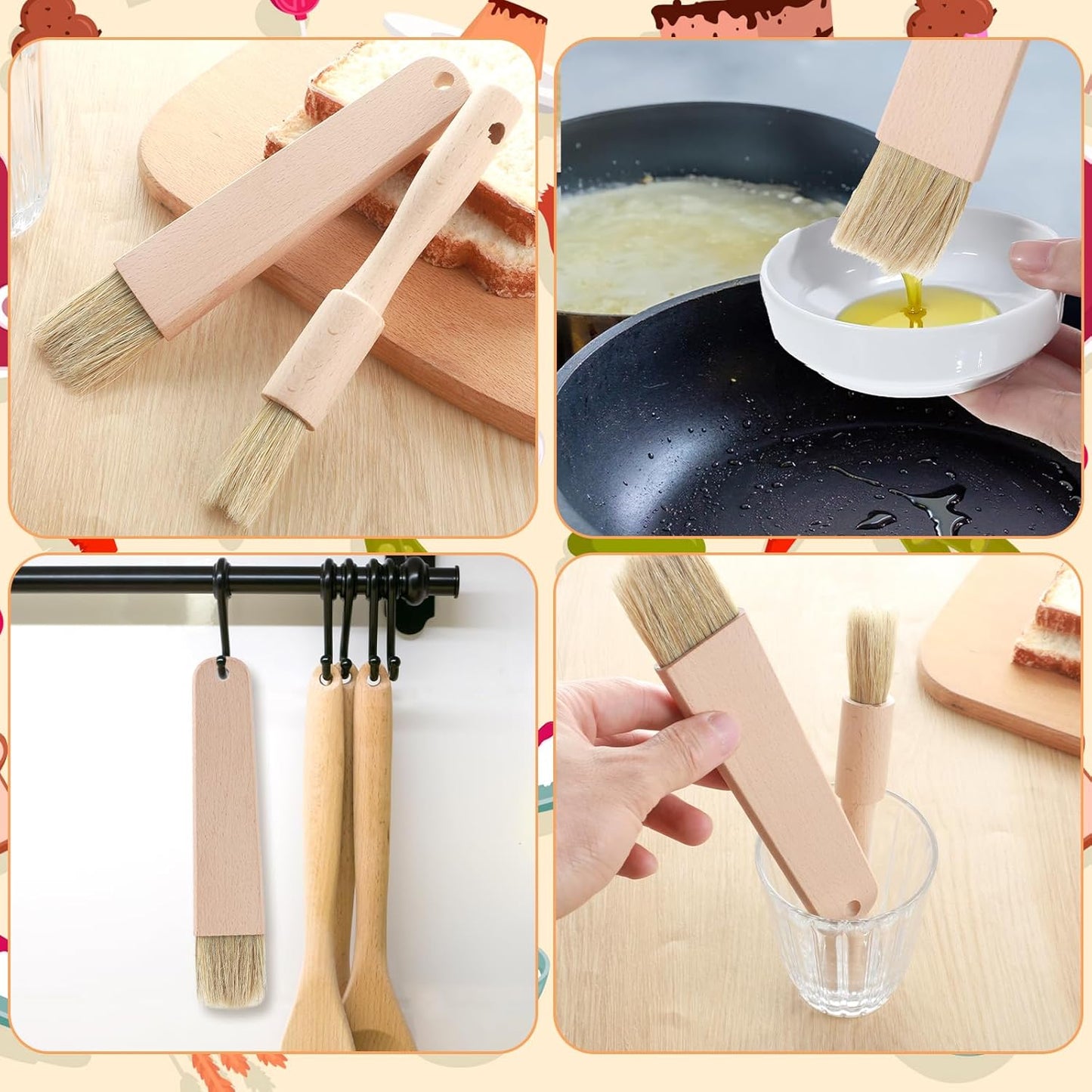 2 Sets Cooking Brush with Wooden Handle Natural Bristles Oil Brush for Cooking Butter Brushes for Oil and Sauce Pastry Brushes for Baking Kitchen Basting Spreading Baking Grilling Bbq Barbecue Food