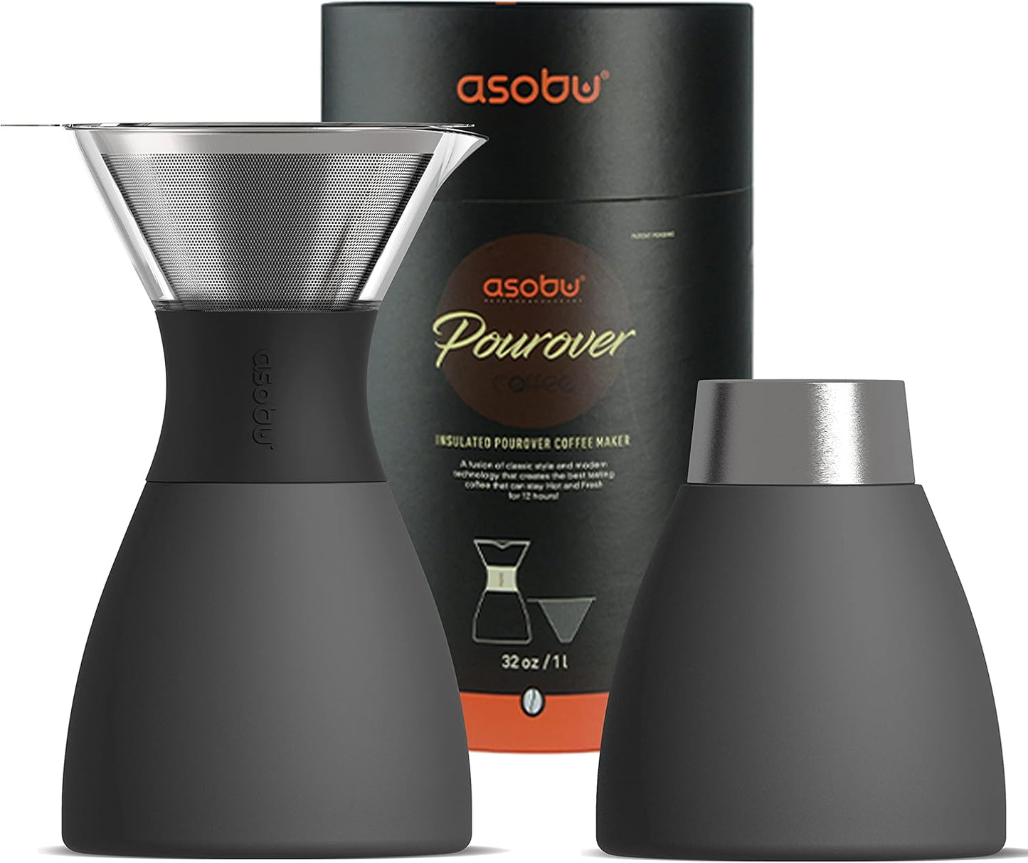 asobu Insulated Pour Over Coffee Maker (32 oz.) Double-Wall Vacuum, Stainless-Steel Filter and Take on the Go Carafe (Smoke)