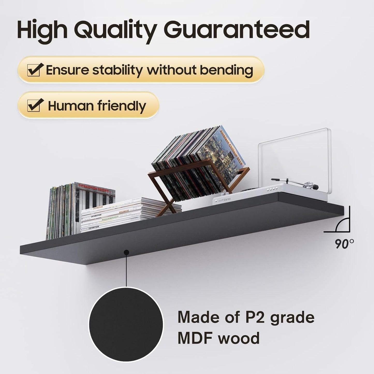 Floating Shelf, Set of 3 Wall Shelf, 24 in W x 12.75 in D x 2 in H Wooden Floating Wall Shelf with Invisible Brackets for Living Room/Bedroom/Bathroom/Kitchen Storage and Decor, Black