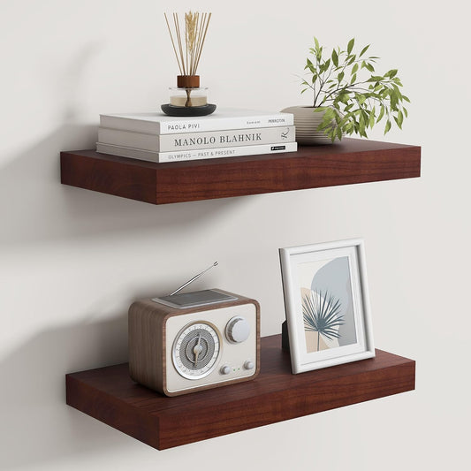 Floating Shelves for Wall, Real Wood Floating Shelf Set of 2, 8 Inch Deep Floating Shelves, Rustic Wood Wall Shelf for Home Decor, Deep Storage Shelves for Bathroom, Kitchen, 16"W x 8"D, Red Brown