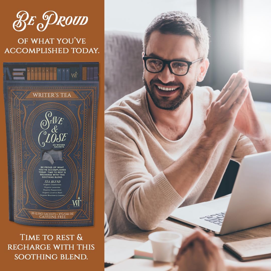 Writer's Tea Save & Close - Nighttime Tea - Chamomile, Lavender, Peppermint, Licorice Root, and Blackberry Leaves Tea Blend - Caffeine Free - 20 Woven Sachets