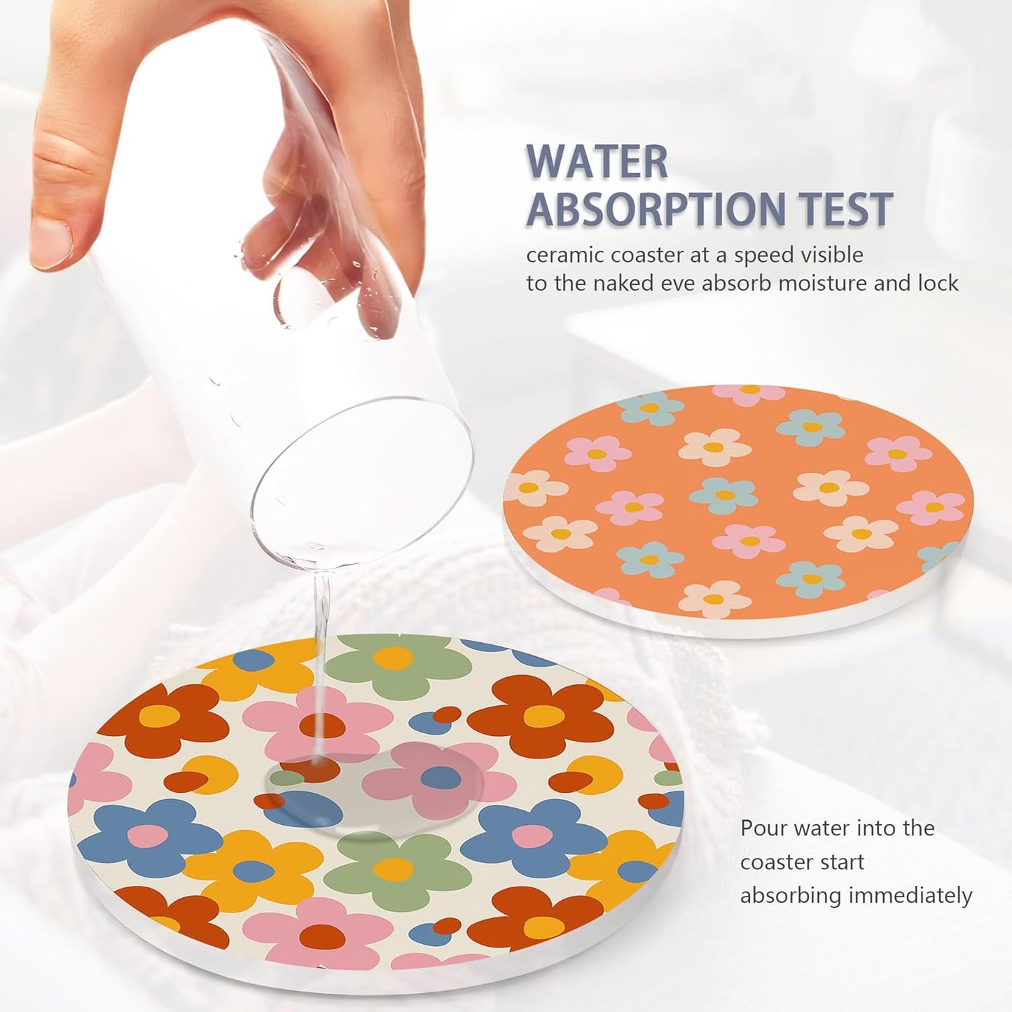 Drink Coasters Set of 6 with Holder, Vintage Groovy Flowers Absorbent Ceramic Drink Coaster for Tabletop Protection,Suitable for Kinds of Cups,Drinks Coasters for Home Office Decoration(4 Inches)